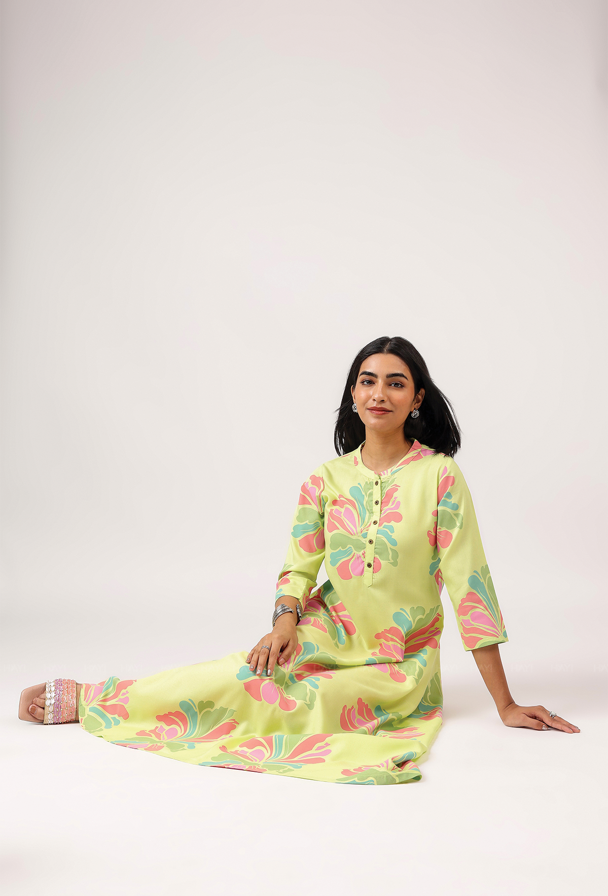 Gentle Lime with Blush Breeze printed Viscose A-line Dress