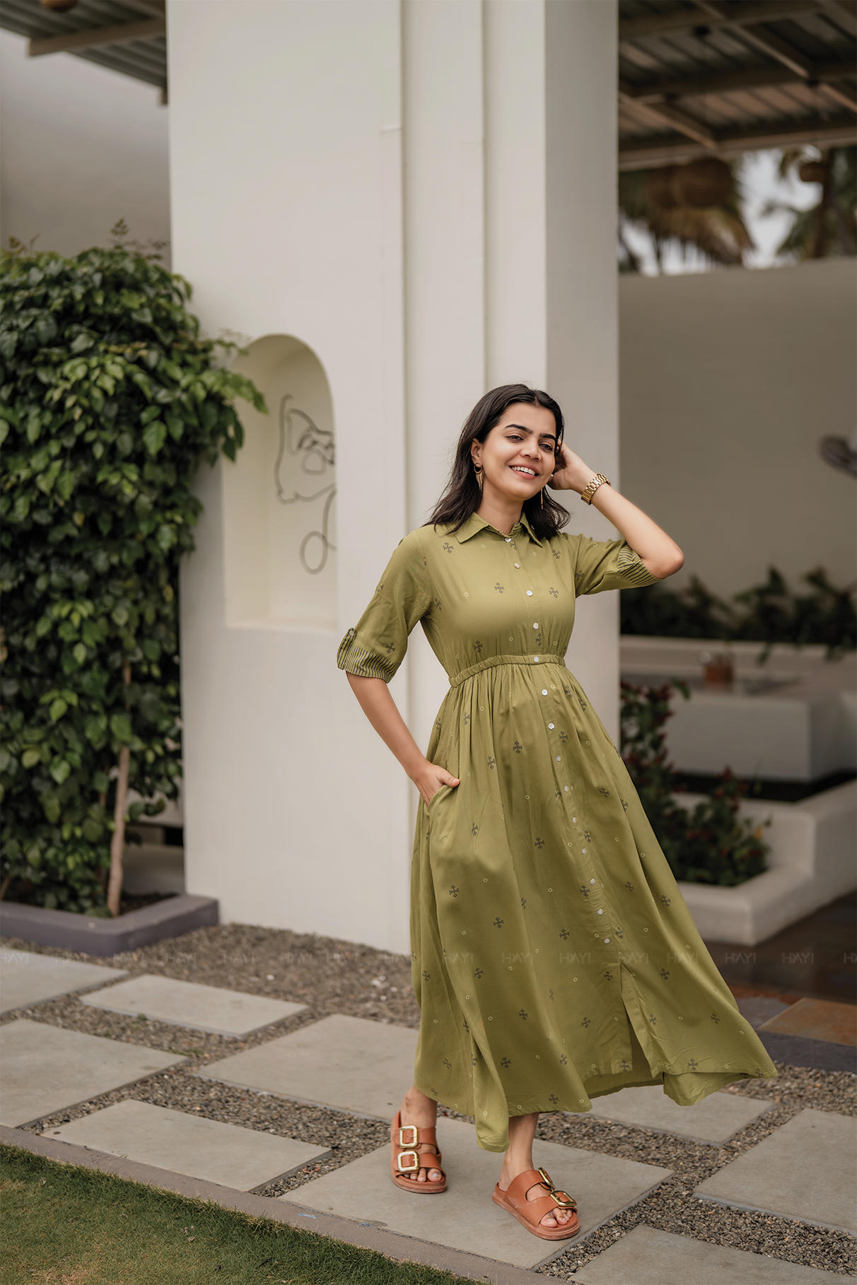 Goldenrod Yellow Viscose Blend Dress with Shirt Collar & Elbow Sleeves