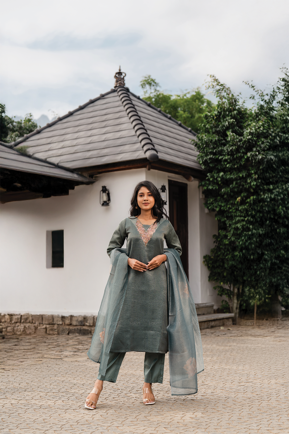 Green Mist 3 Piece Crush Silk Blend Floral Hand-Embroidered Kurta with Pant & Dupatta