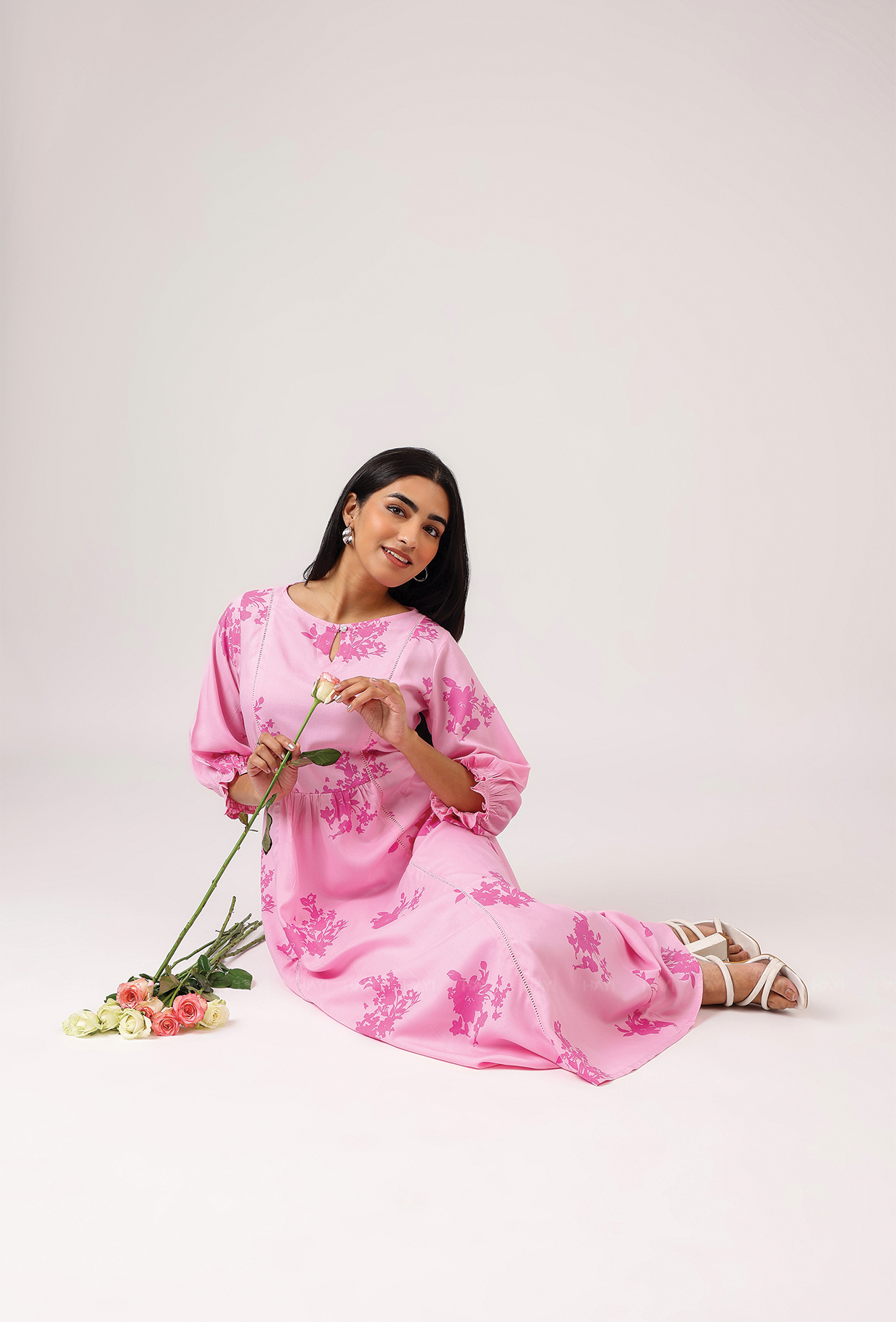 Light Pink with All About Flowers printed Viscose A-line Dress