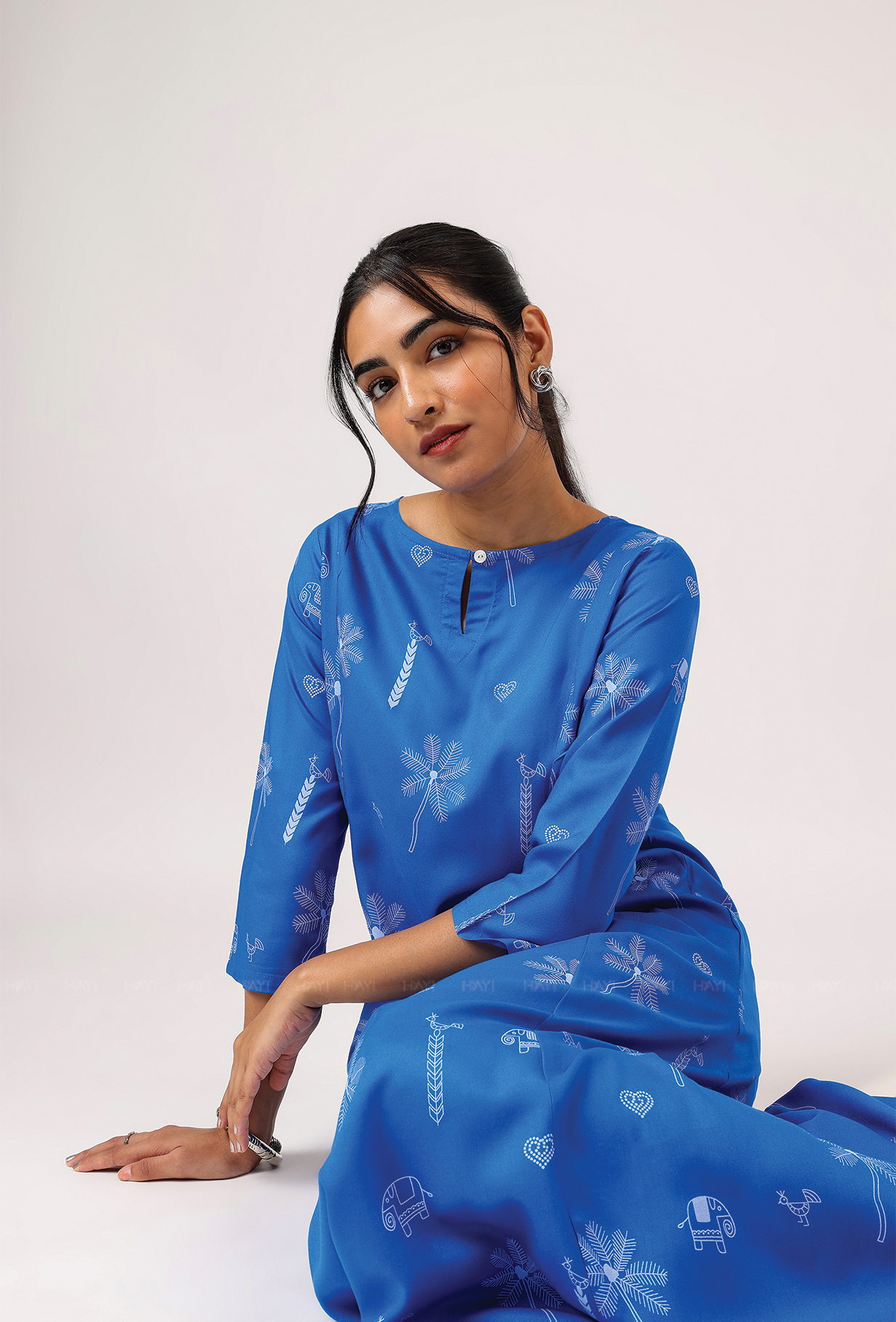 Cerulean Blue with Deep Ocean Viscose printed A-line Dress