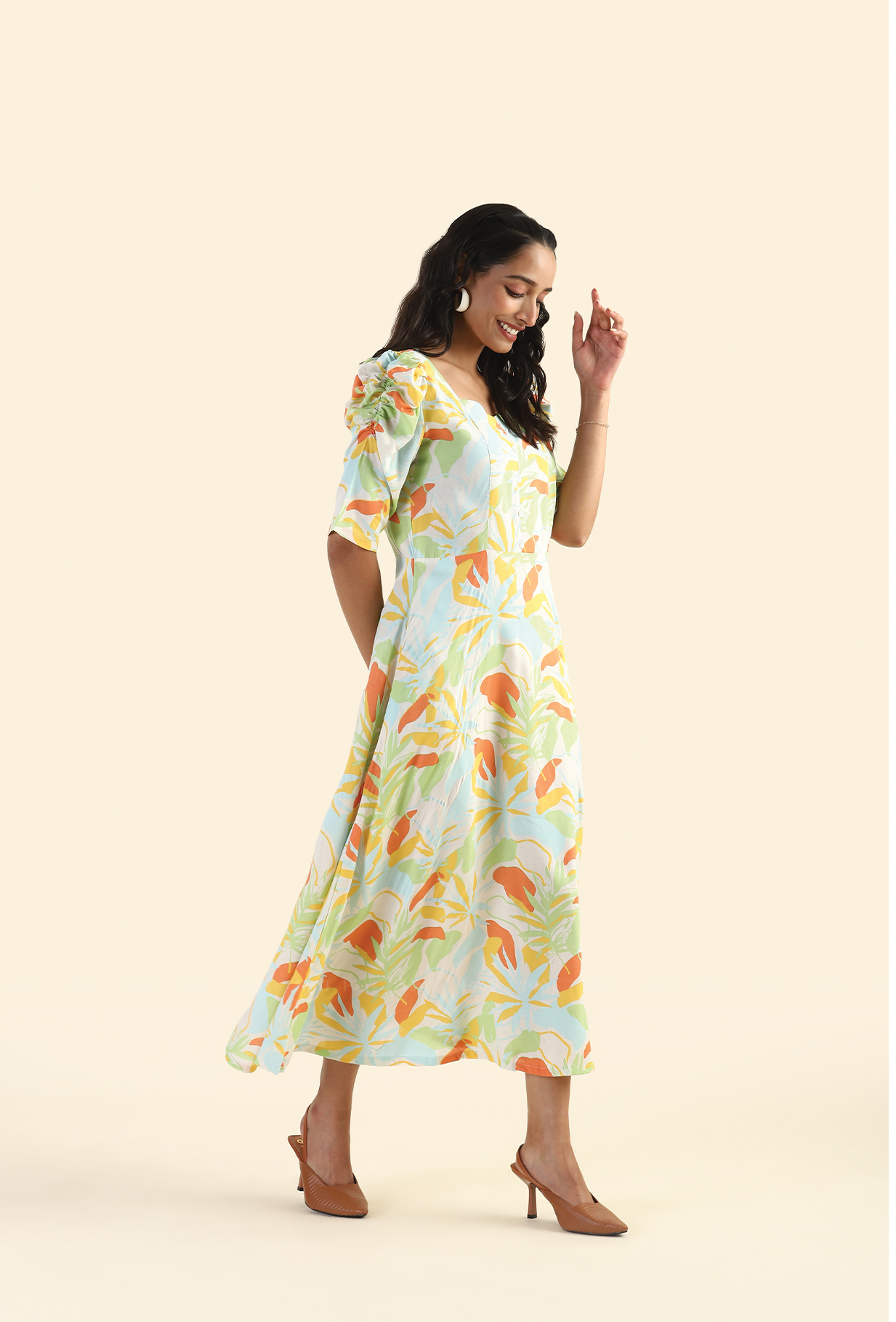 Pine Beige Evergreen elegance Printed Viscose Dress