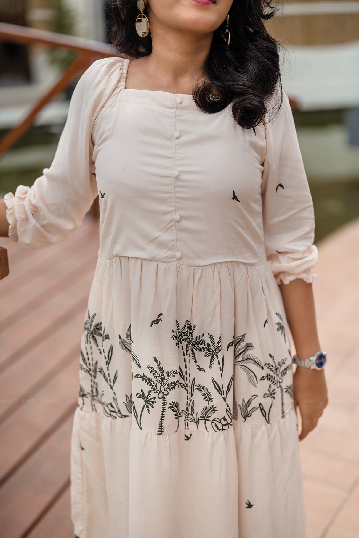 Lush Layers Beige Viscose Dress with Tropical Palm Print