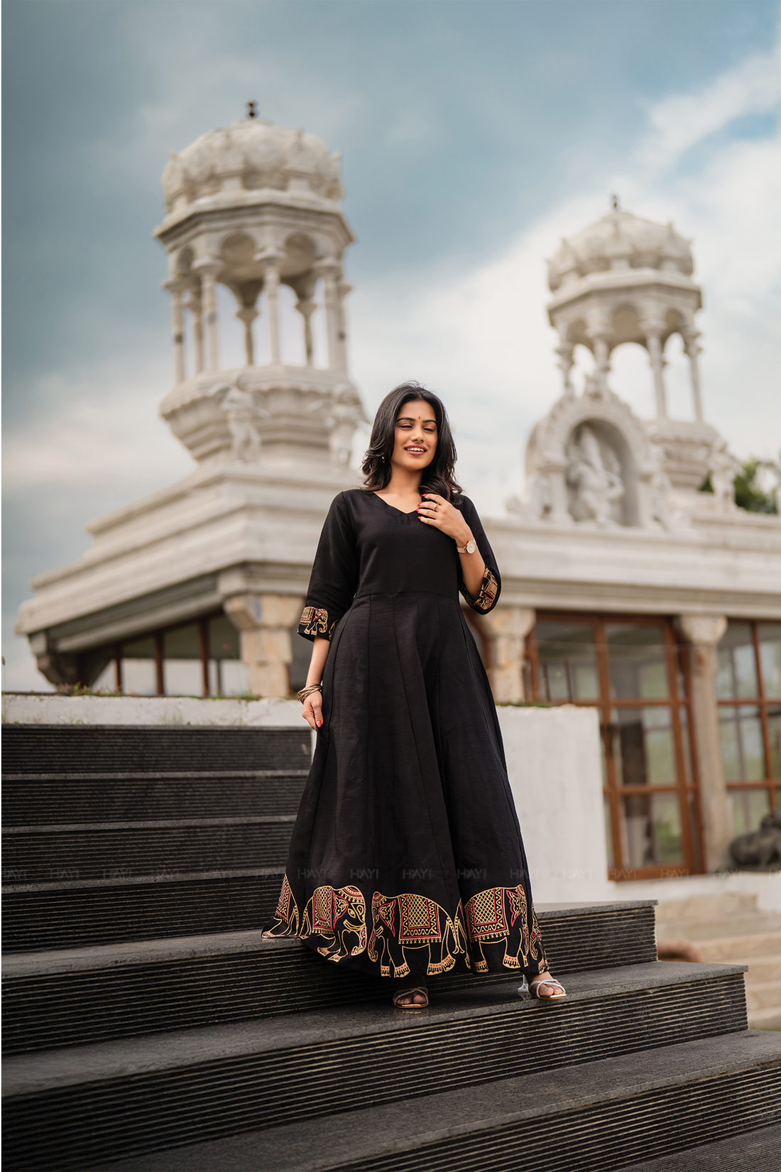Elephora Black Viscose Foil Printed Anarkali with V-Neck & 3/4 Sleeves