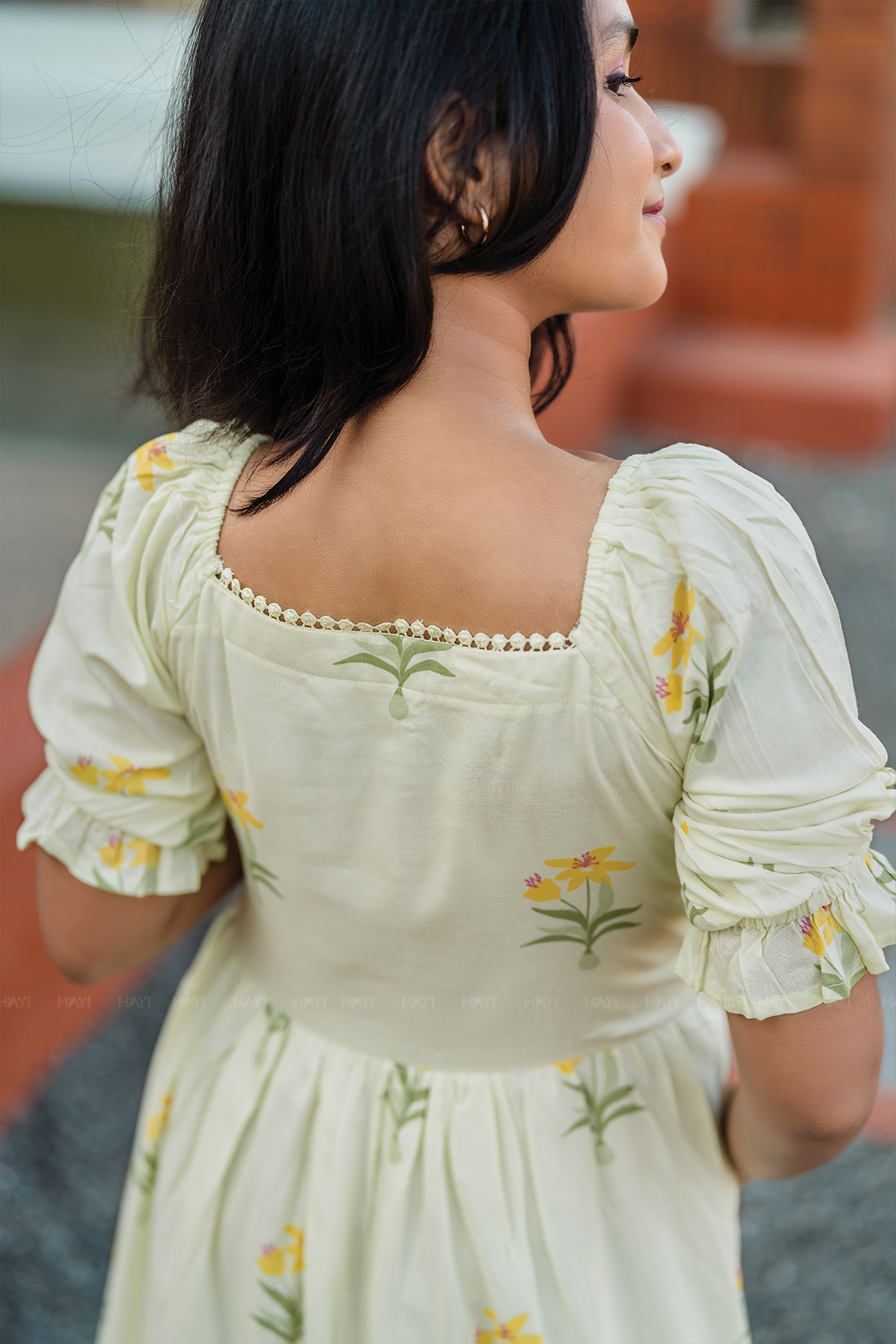 Florabelle Green Viscose Dress with Shoulder Elastic & Frill Sleeves