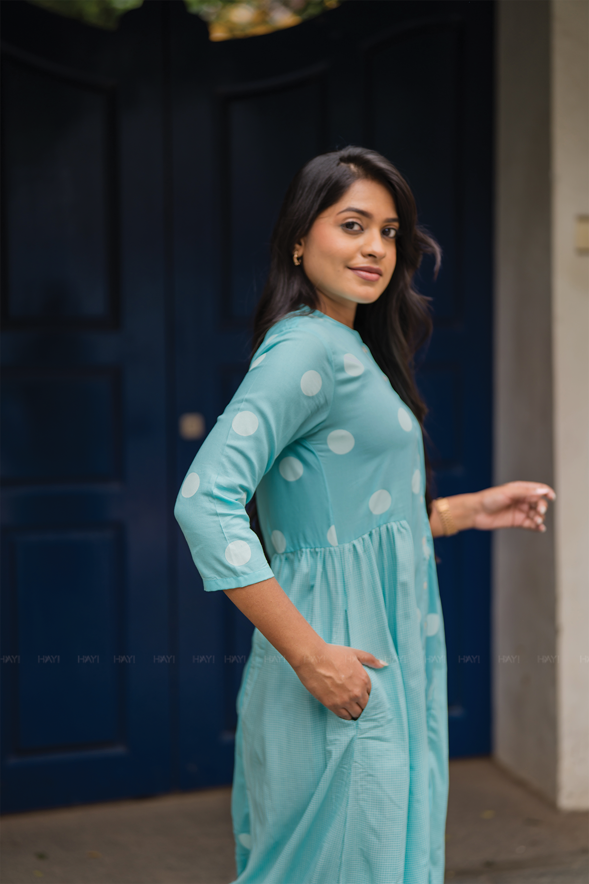 Fog Blue with Mist Pleats printed Viscose A-line Dress