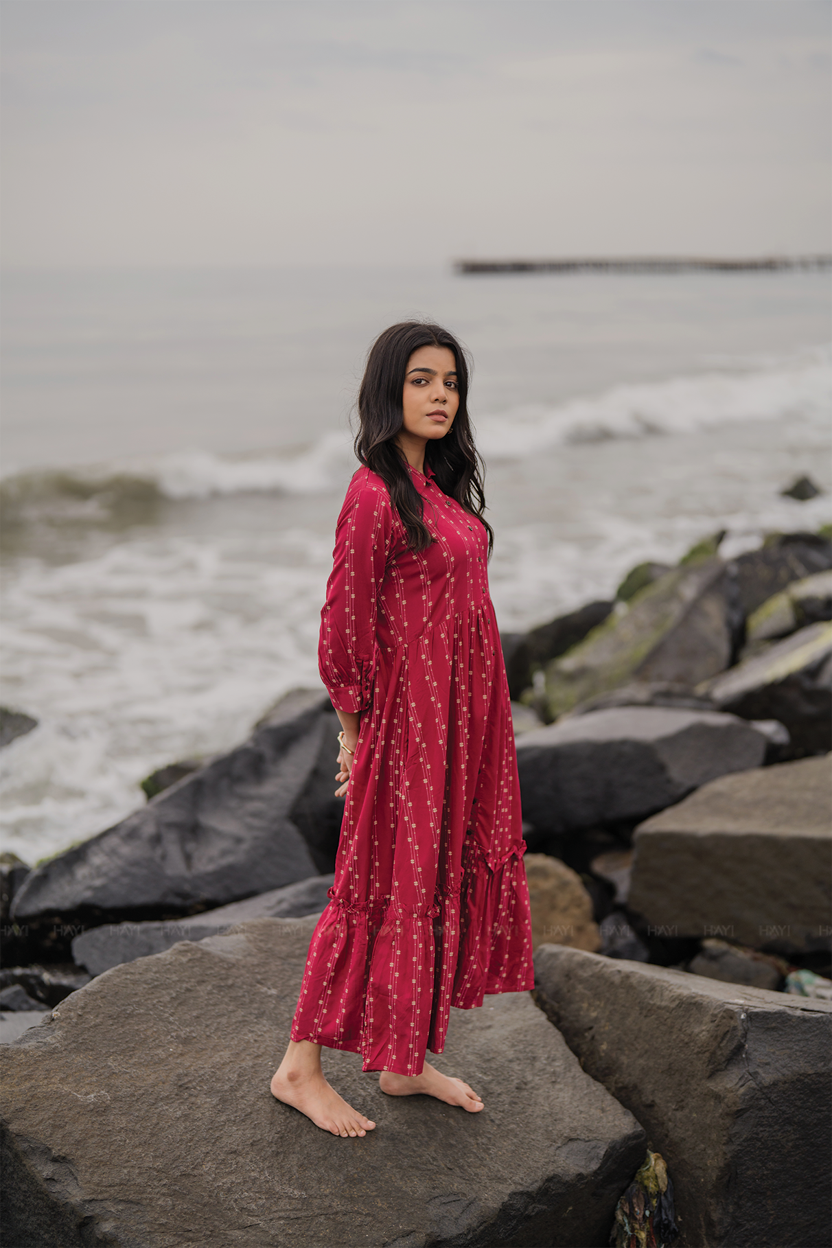 Dark Pink with Nomadic Whispers printed Viscose Dress