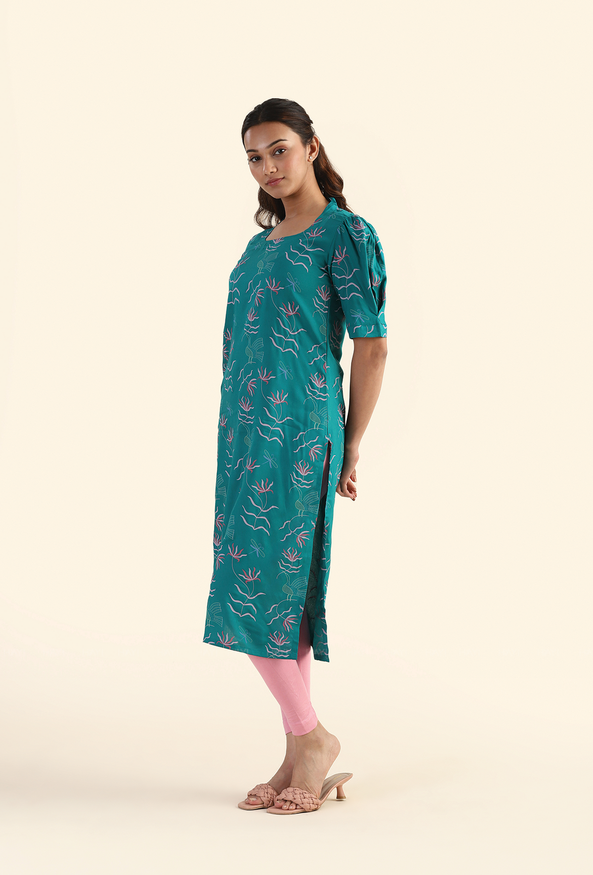 Botanical Teal Moss & Roses Viscose Kurta