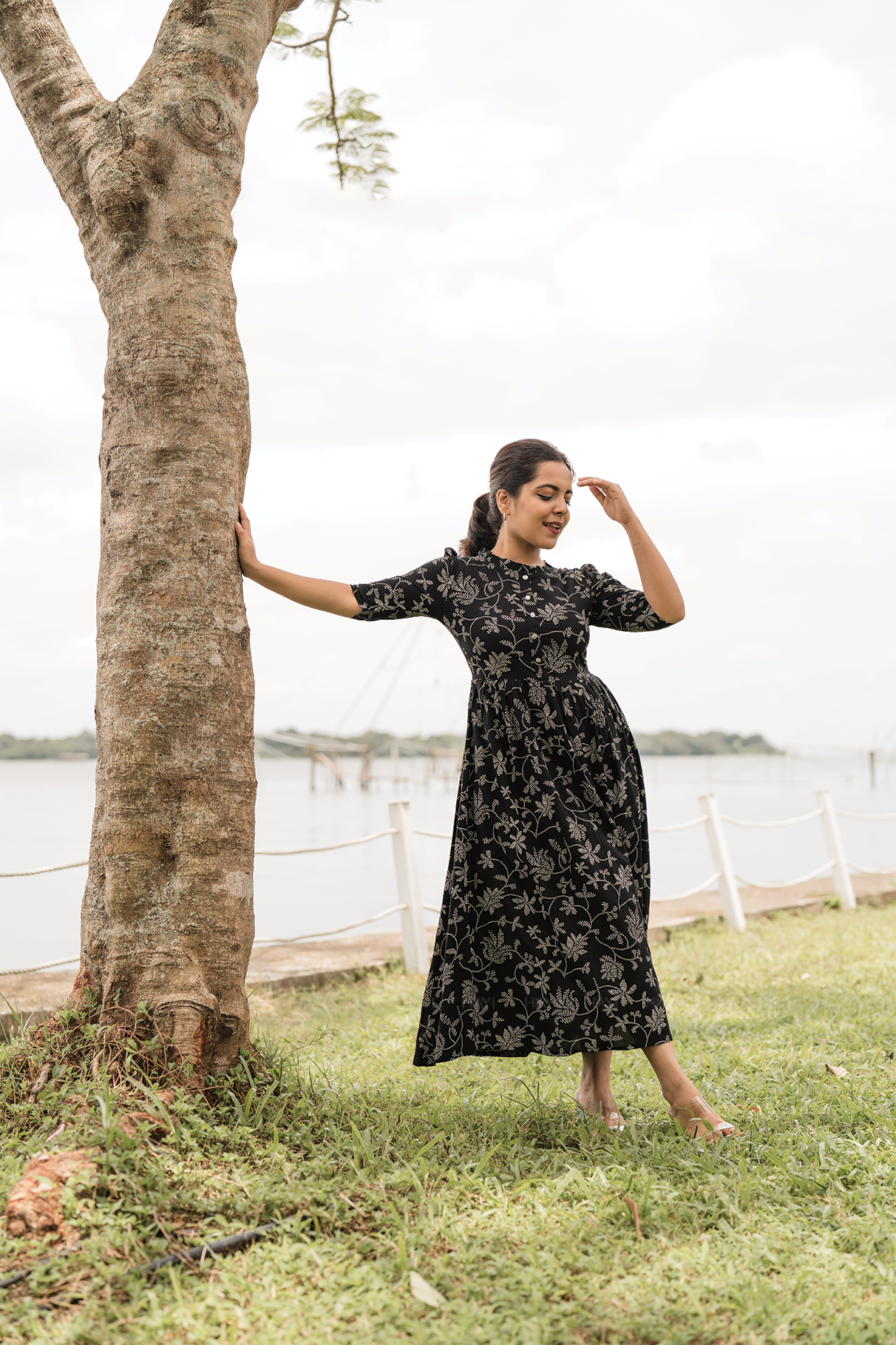 Regal Black with Molten Vines floral Printed Maternity and Feeding Viscose Dress