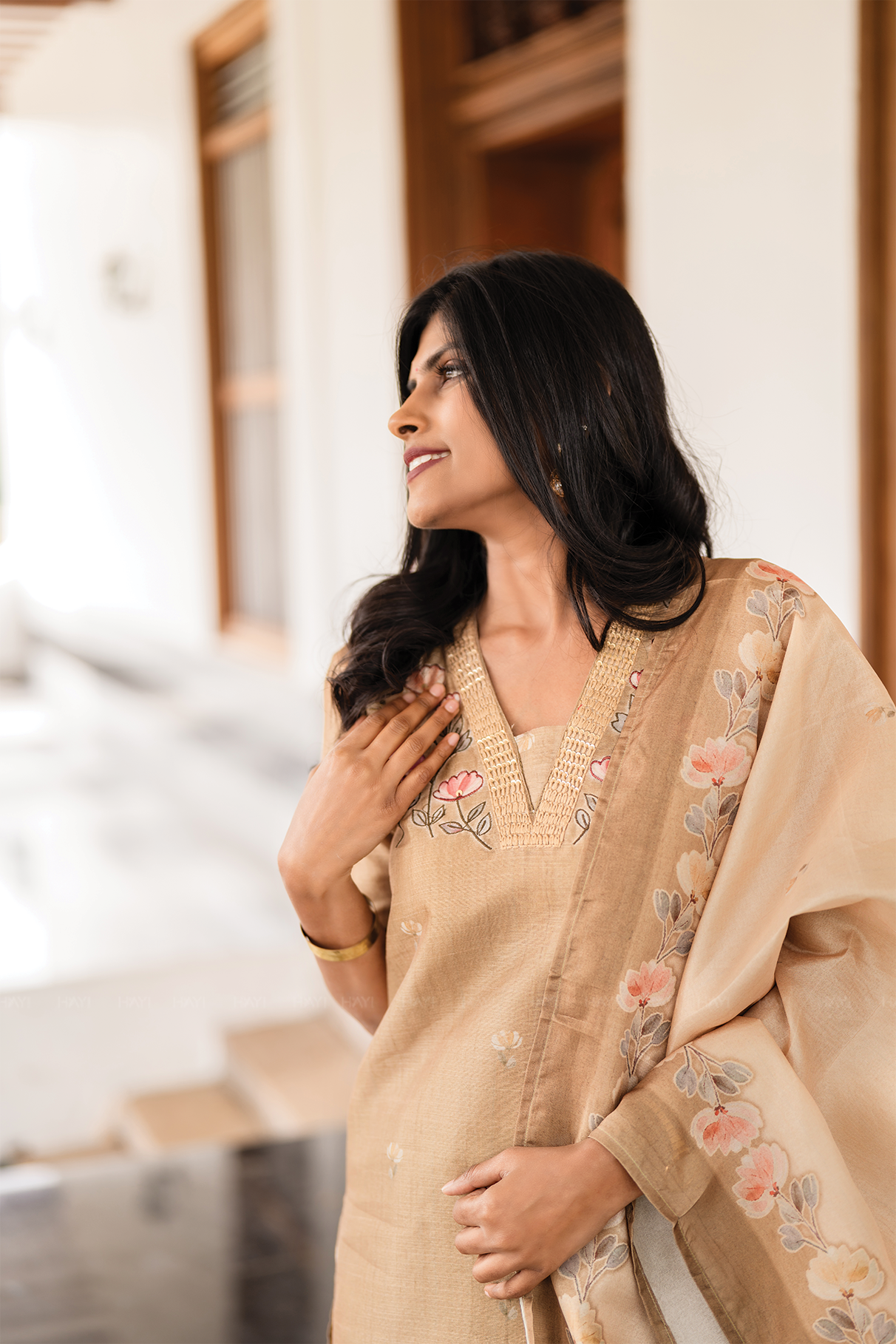 Classic Natural Yellow 3-Piece Tussar Silk Blend Floral Hand-Embroidered Kurta with Pant & Dupatta