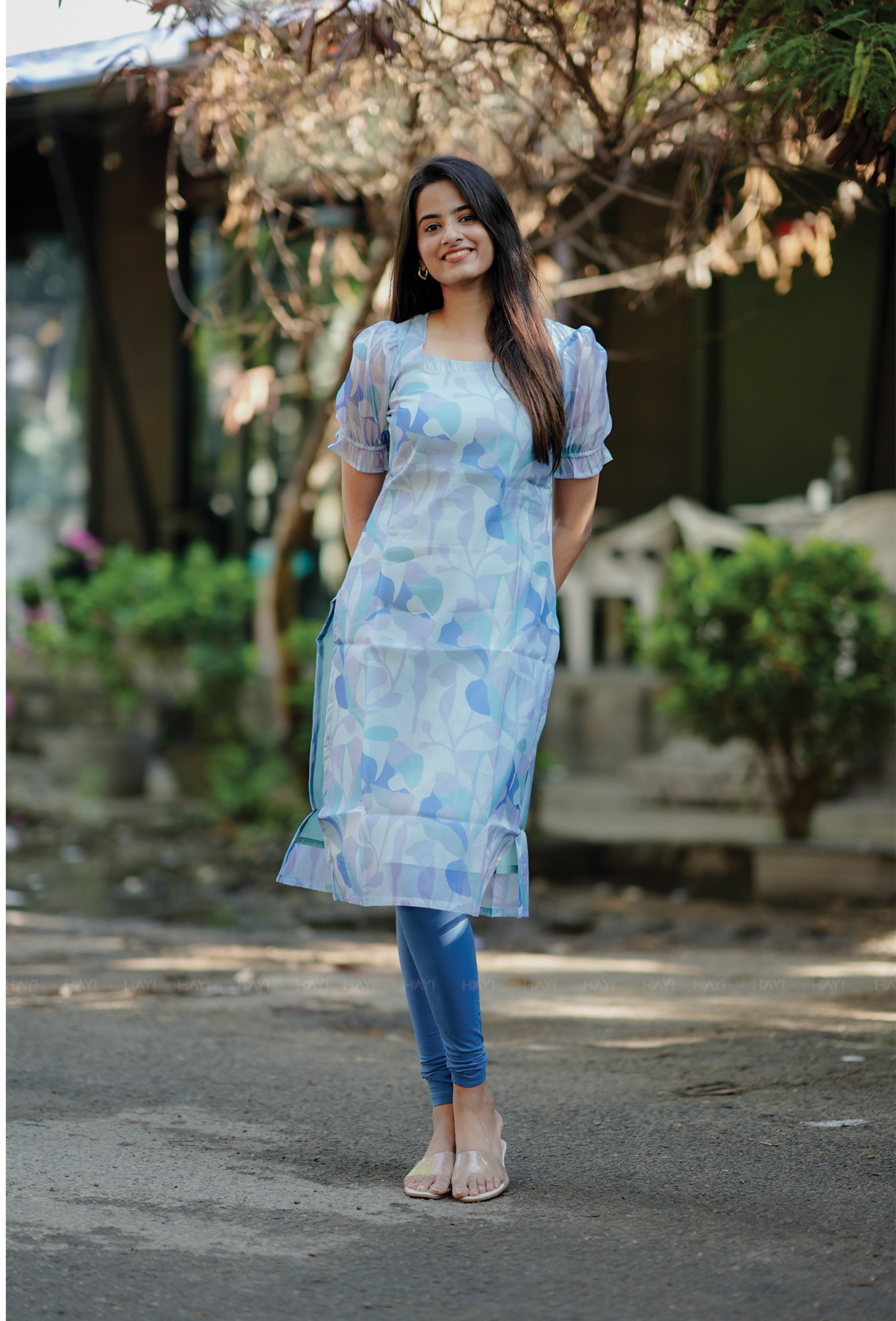 Floret blue with Petal Fusion floral Organza kurta