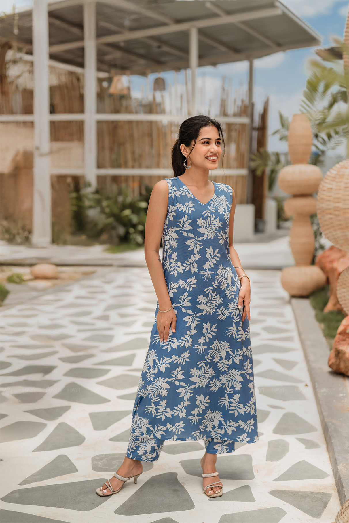 Wisp Botanica Blue cotton blend Co-ord with V-Neck and Attached 3/4th Sleeves