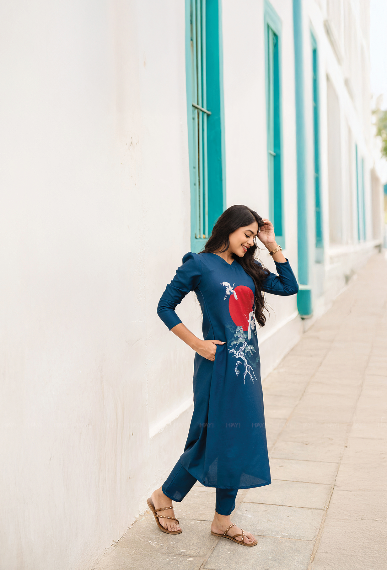 Ascent Blue with Cranes Embrace printed Linen Blend Co-ords