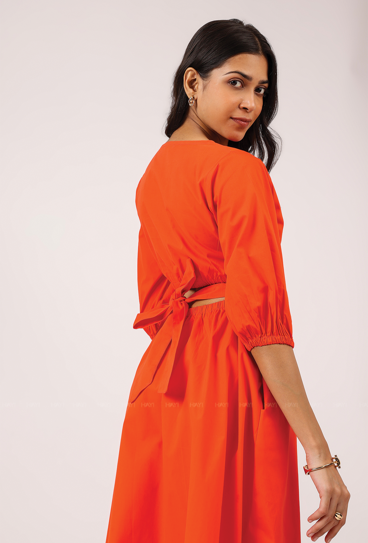 Crush Code Orange Boat Neck With Puff Sleeve Dress
