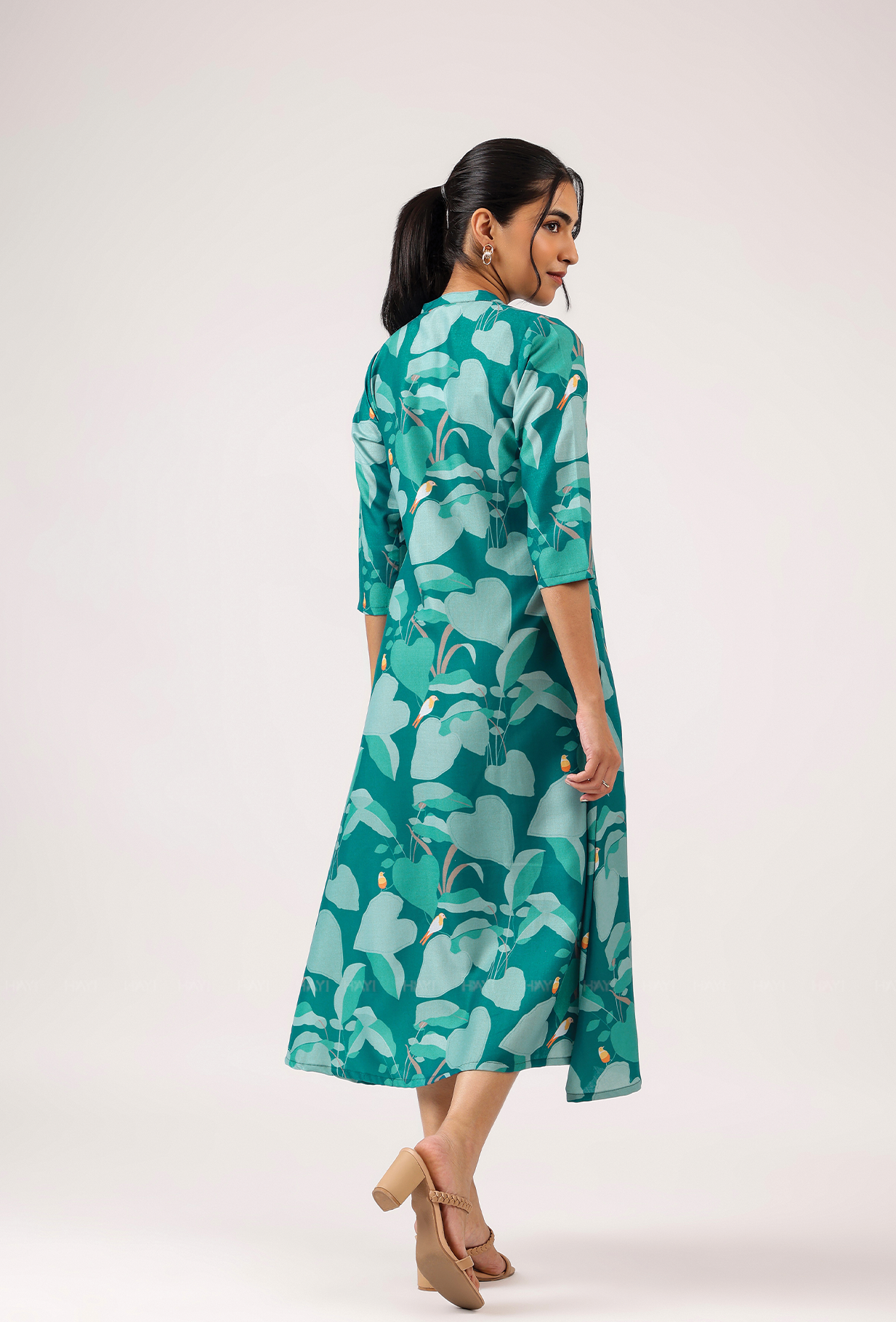 Mosaic Green with Dreamy Forest printed Linen Blend A-line Dress