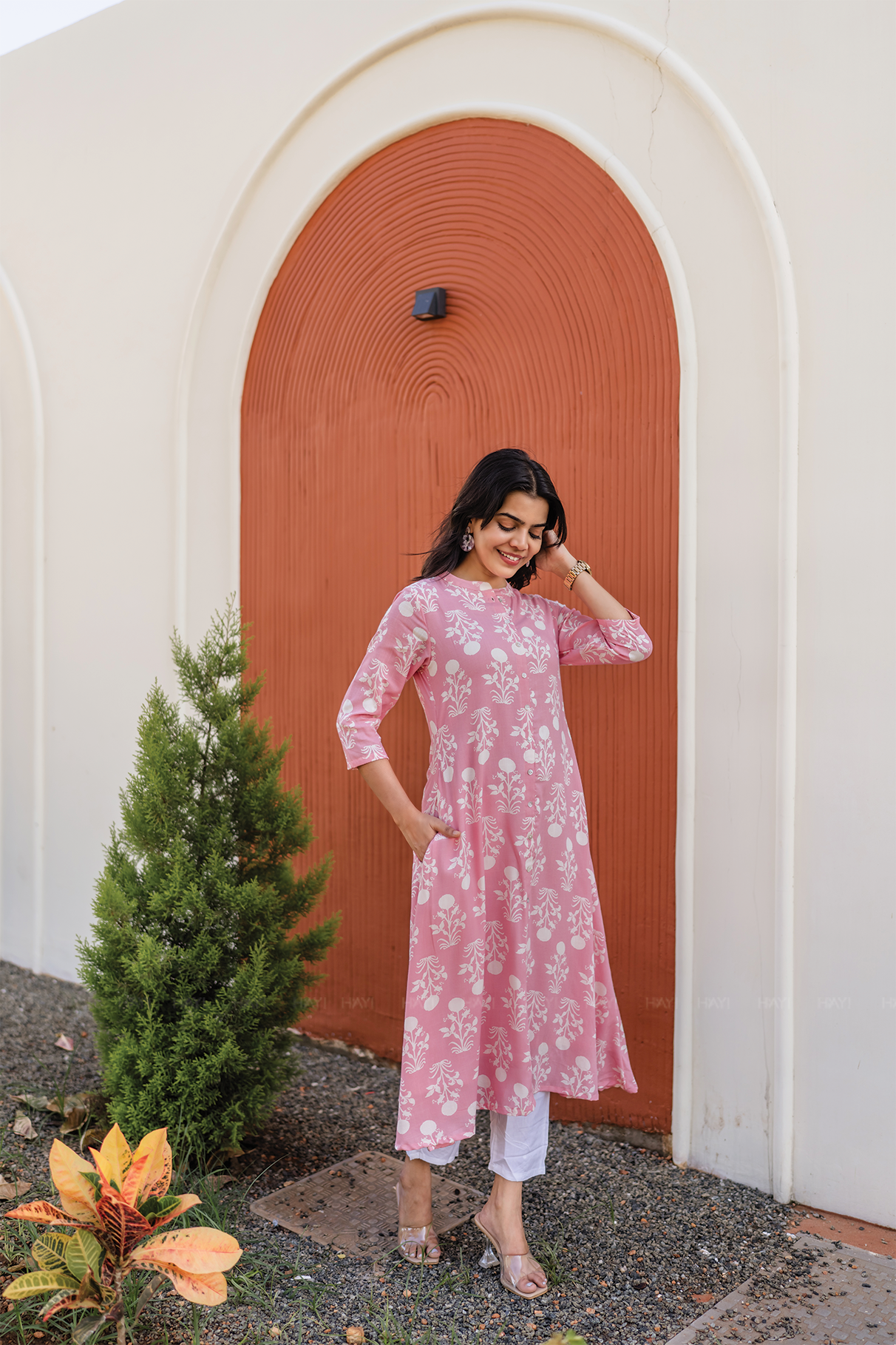Blush Tale Pink Viscose A-line Dress with Chinese Collar & 3/4th Sleeves