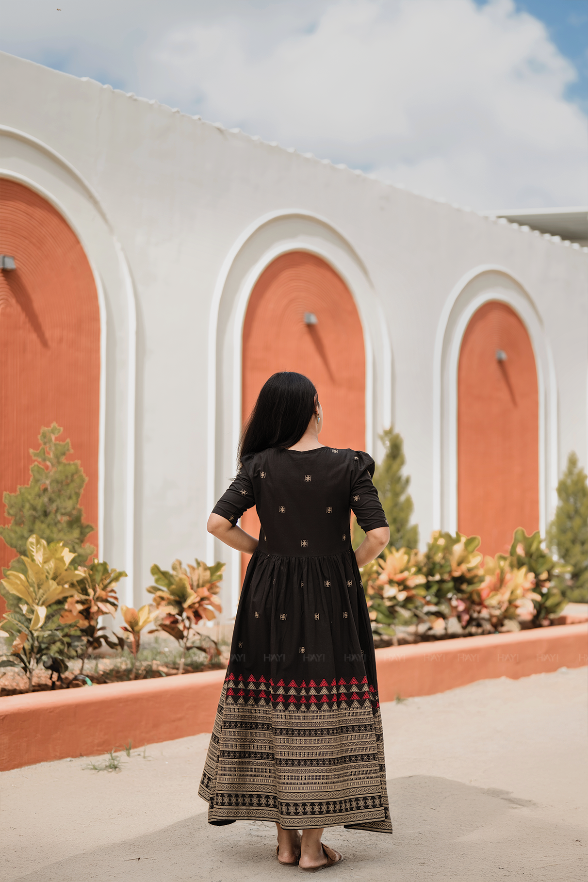 Starlight Black Handloom Dress with Sweetheart Neck & Leg-O-Mutton Sleeves