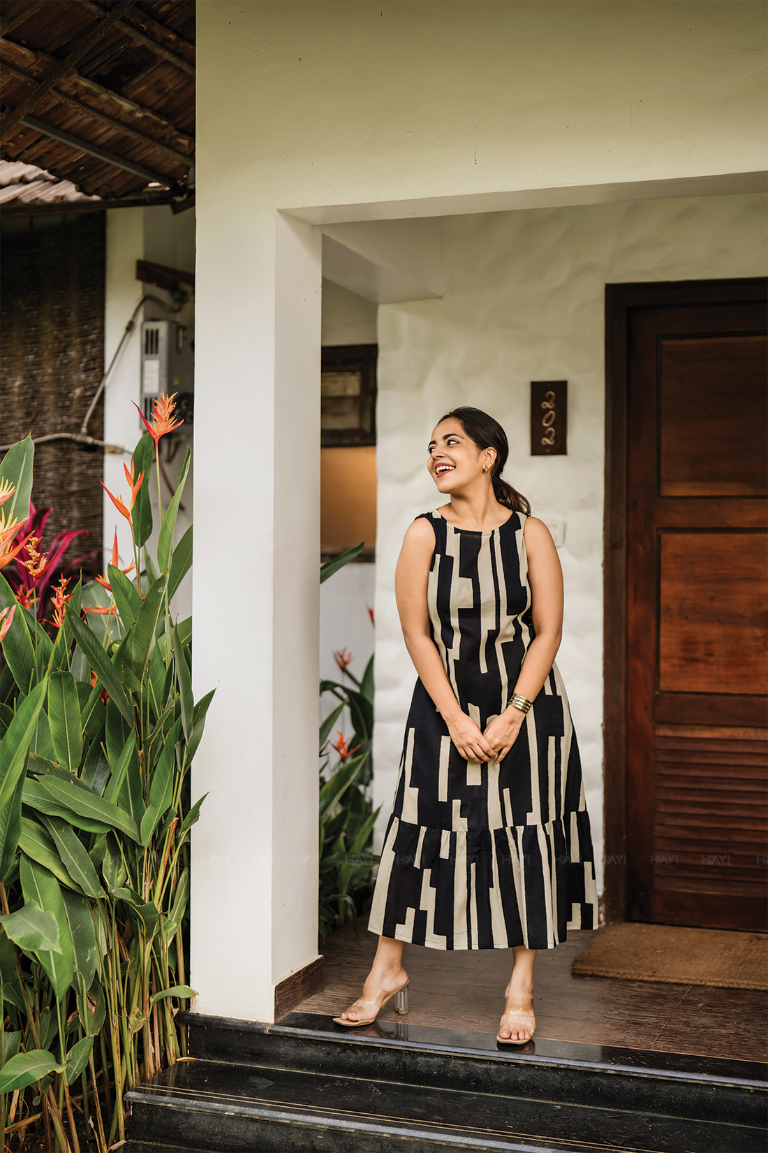 Elegance Chic Black Viscose A-line Dress with Boat Neck & Attached 3/4th Sleeves