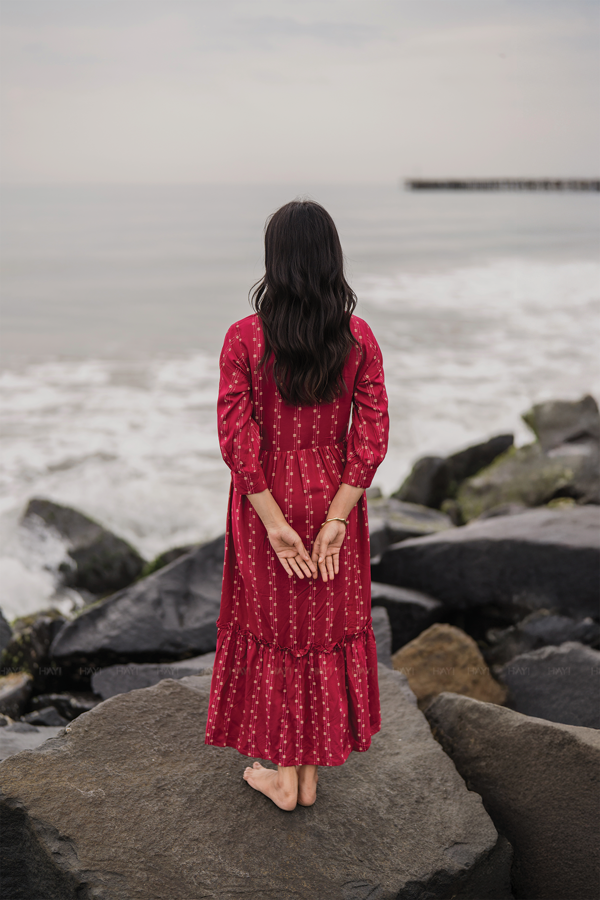 Dark Pink with Nomadic Whispers printed Viscose Dress