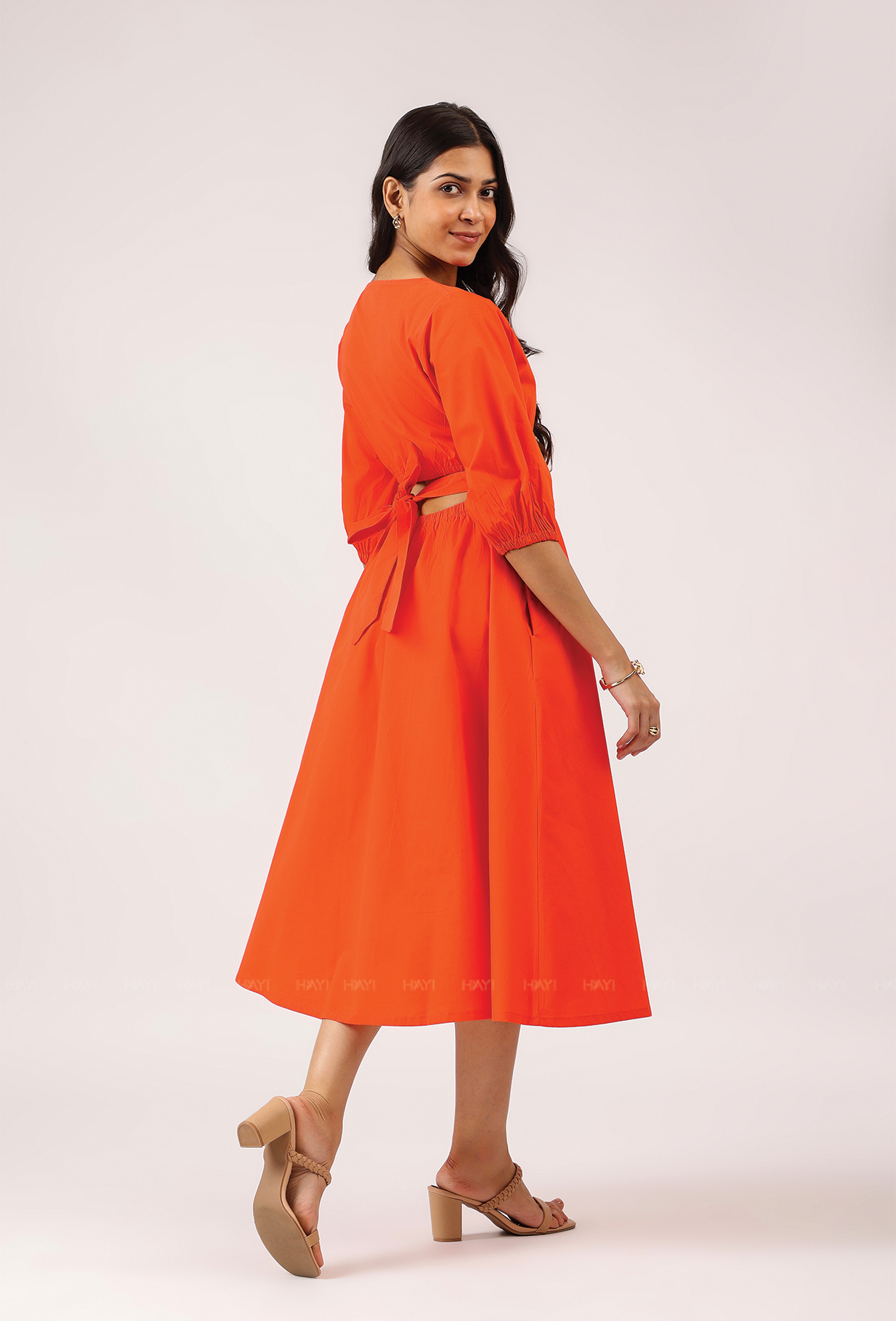 Crush Code Orange Boat Neck With Puff Sleeve Dress