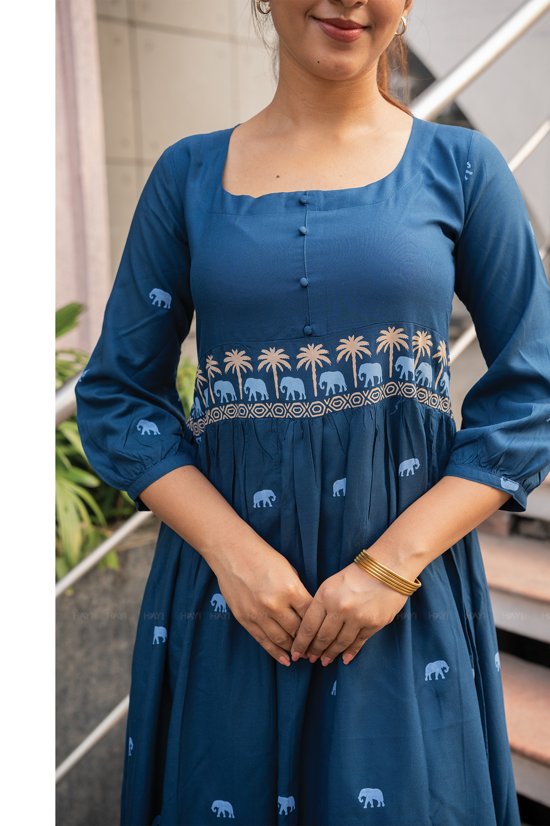 Tusker Tale Greyish Blue Viscose Dress with Round Square Neckline & 3/4th Sleeves