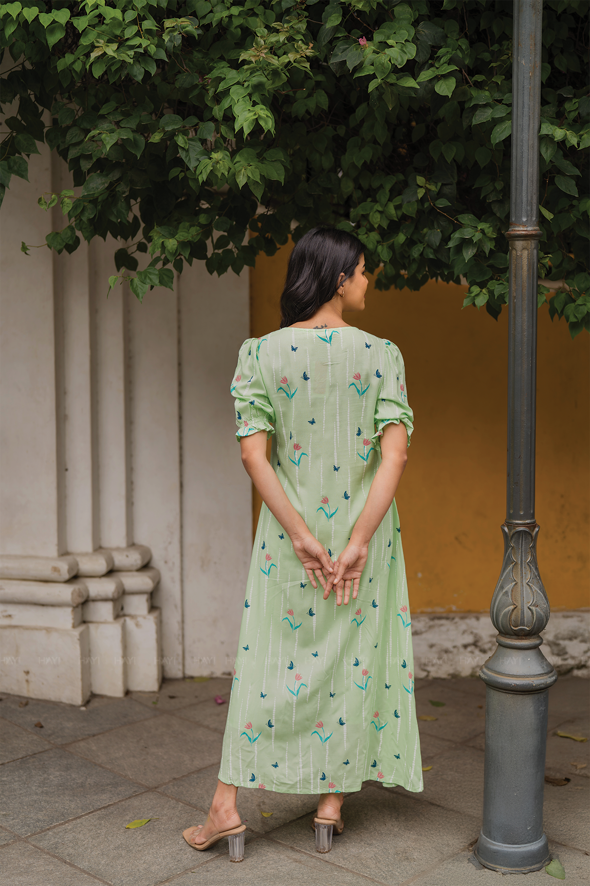 Sage Green with Mint petal printed Viscose A-line Dress