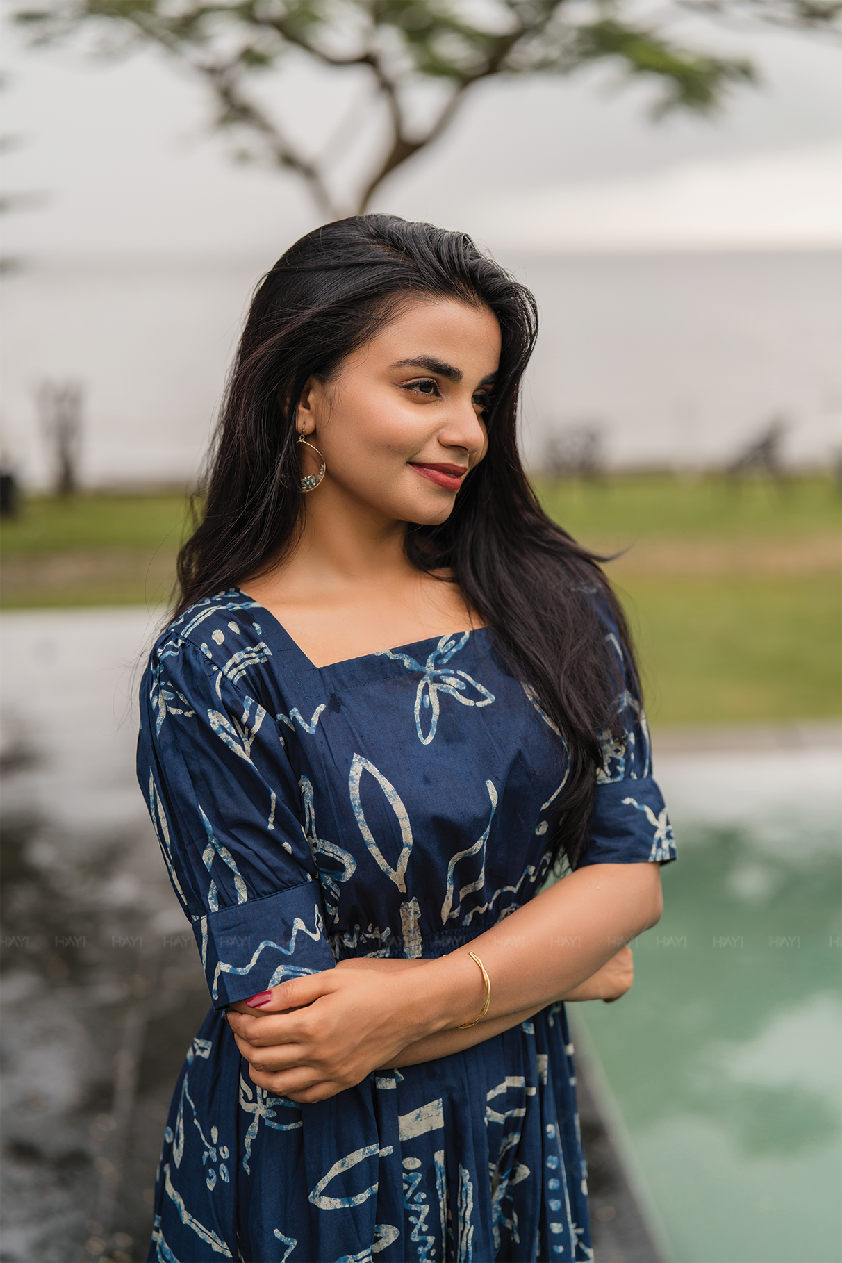 Celestial Dream Blue Cotton Dress with Rounded Square Neck