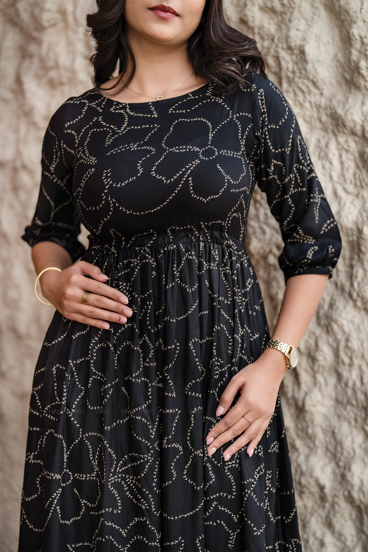Dusklure Black Viscose Dress with Boat Neck & 3/4th Sleeves