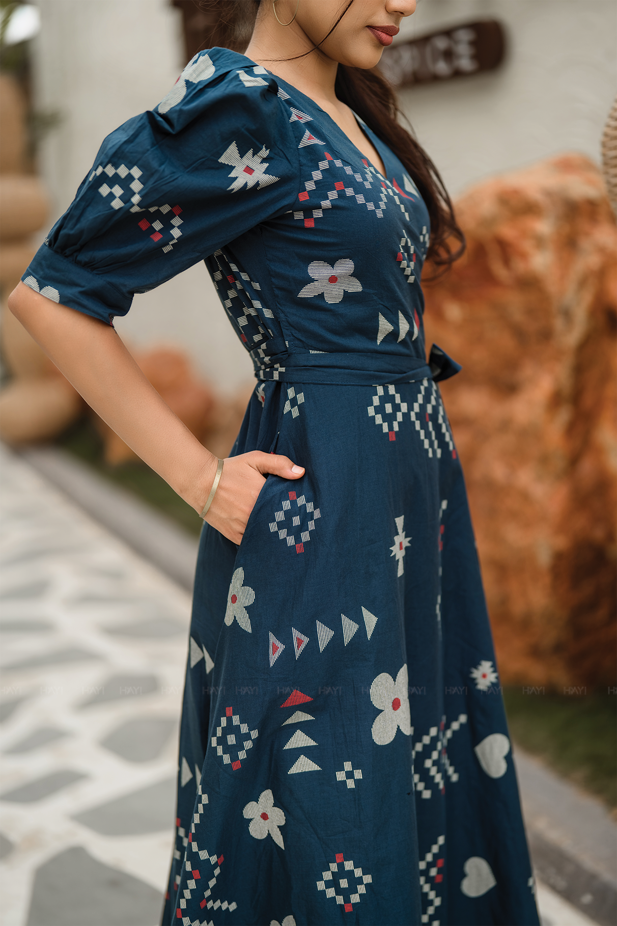 Navy Wrap Cotton Dress with V-Neckline Wraparound Style