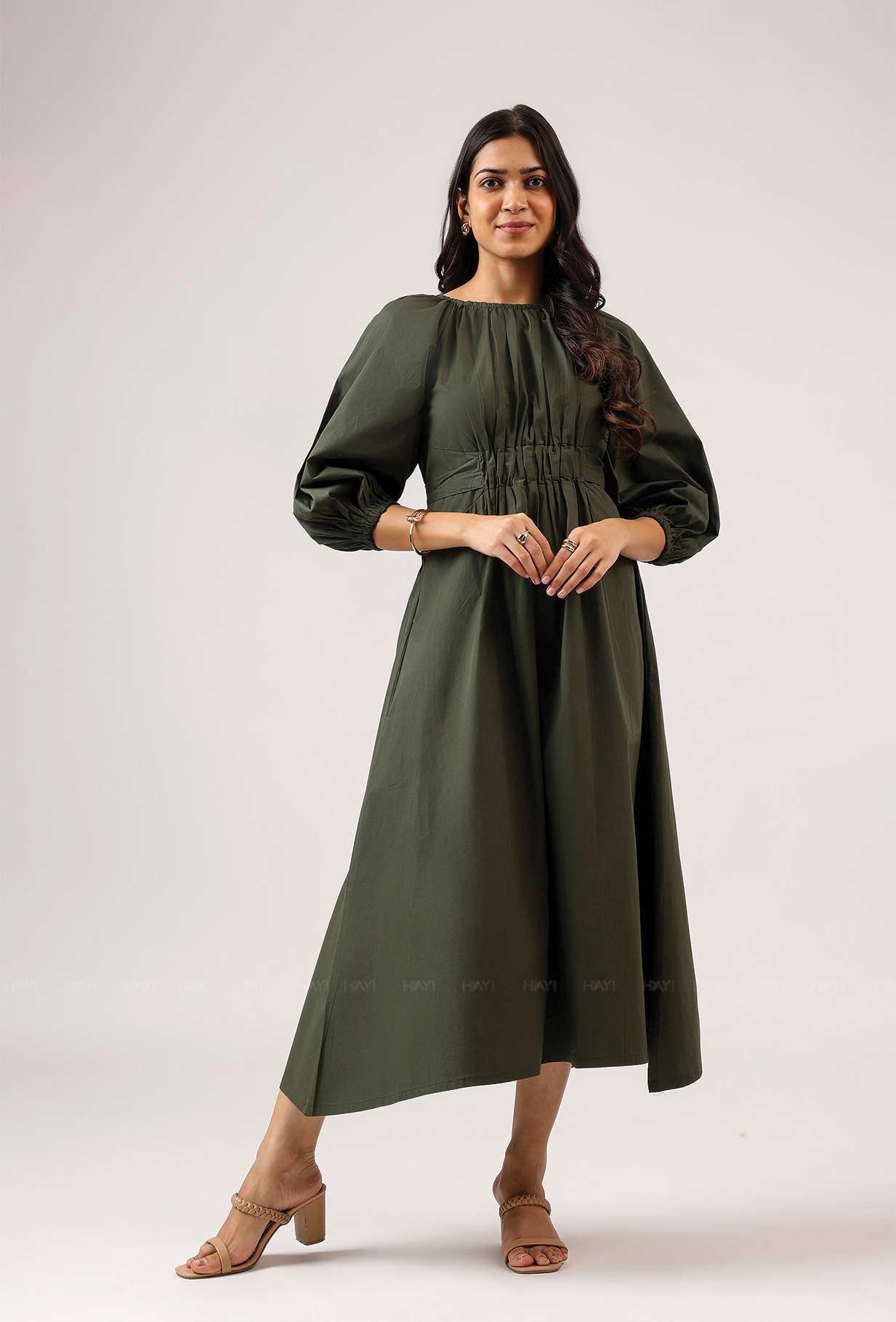 Zayra With Balloon Sleeve With Elastic Flared Dress