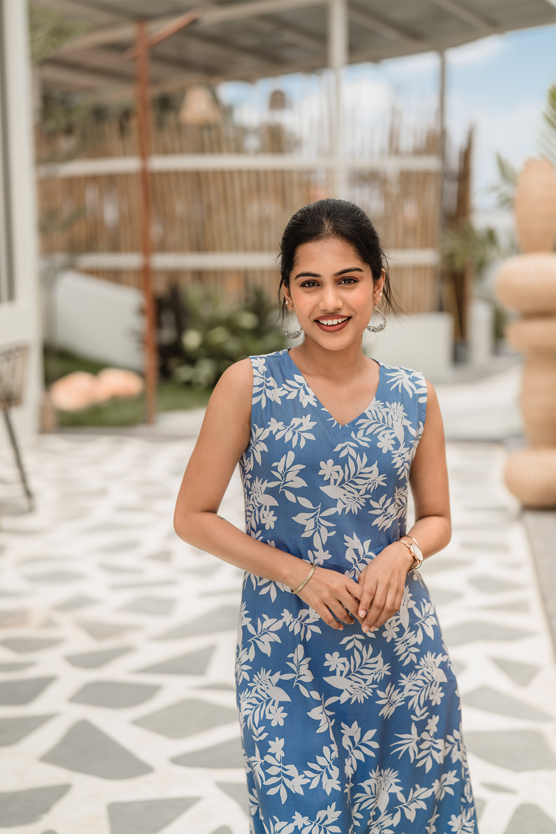 Wisp Botanica Blue cotton blend Co-ord with V-Neck and Attached 3/4th Sleeves