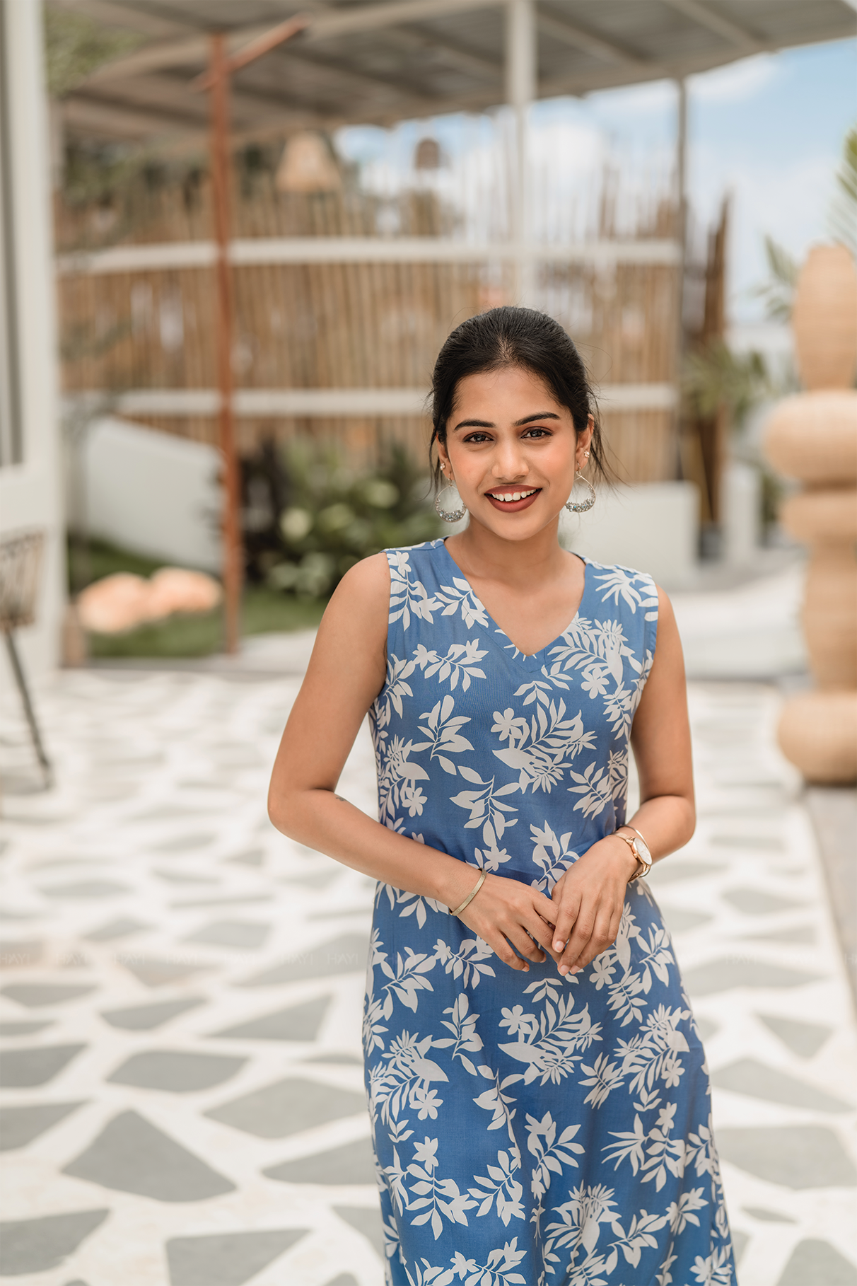 Wisp Botanica Blue cotton blend Co-ord with V-Neck and Attached 3/4th Sleeves