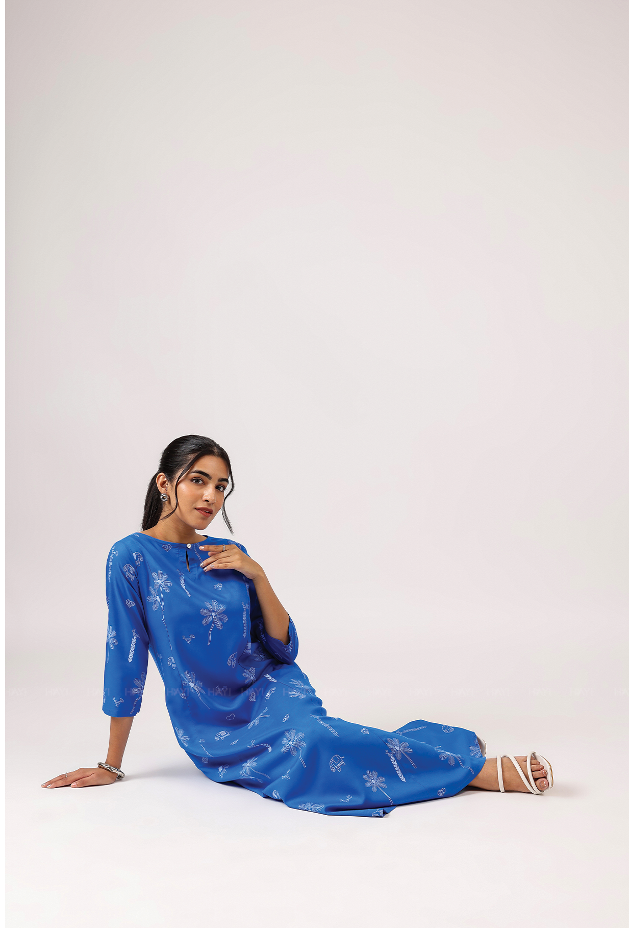 Cerulean Blue with Deep Ocean Viscose printed A-line Dress