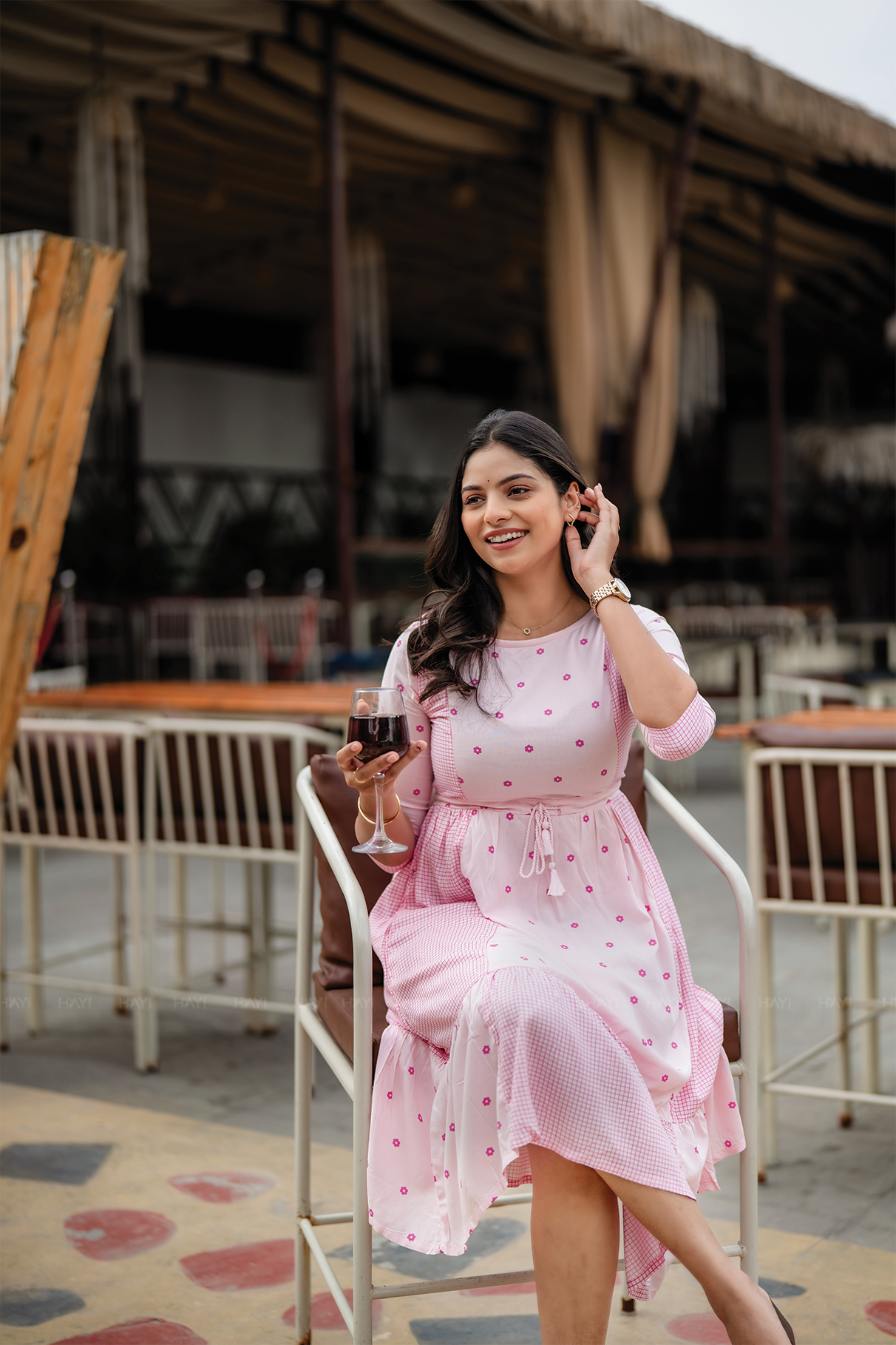 Pink Wink Viscose Dress with Boat Neck 3/4 Sleeves & Dual Print Design