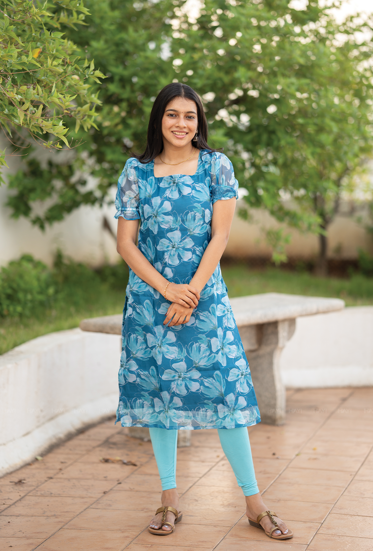 Seafoam Blue with Ocean Bloom floral Organza kurta