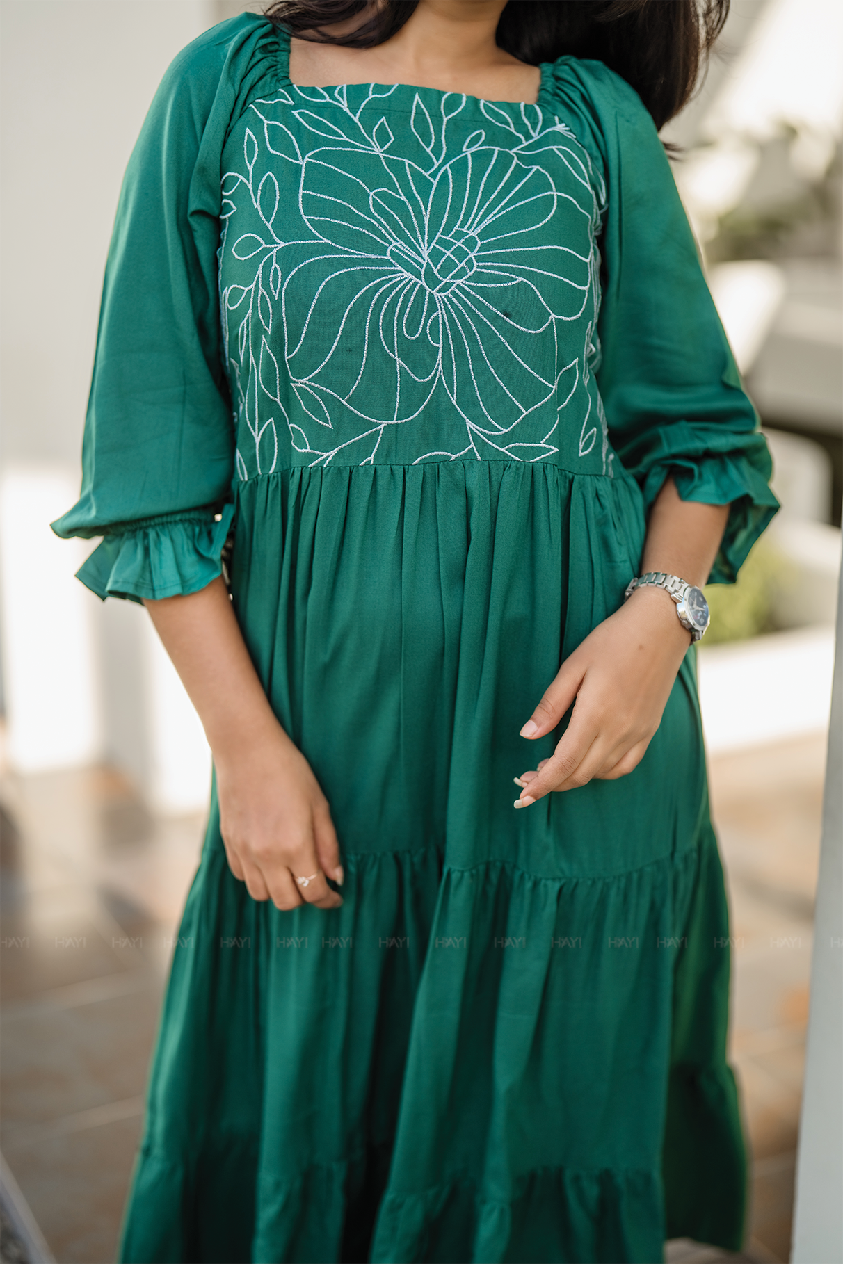 Green Floral Whimsy Green Viscose Dress with Shoulder Elastic & Embroidery