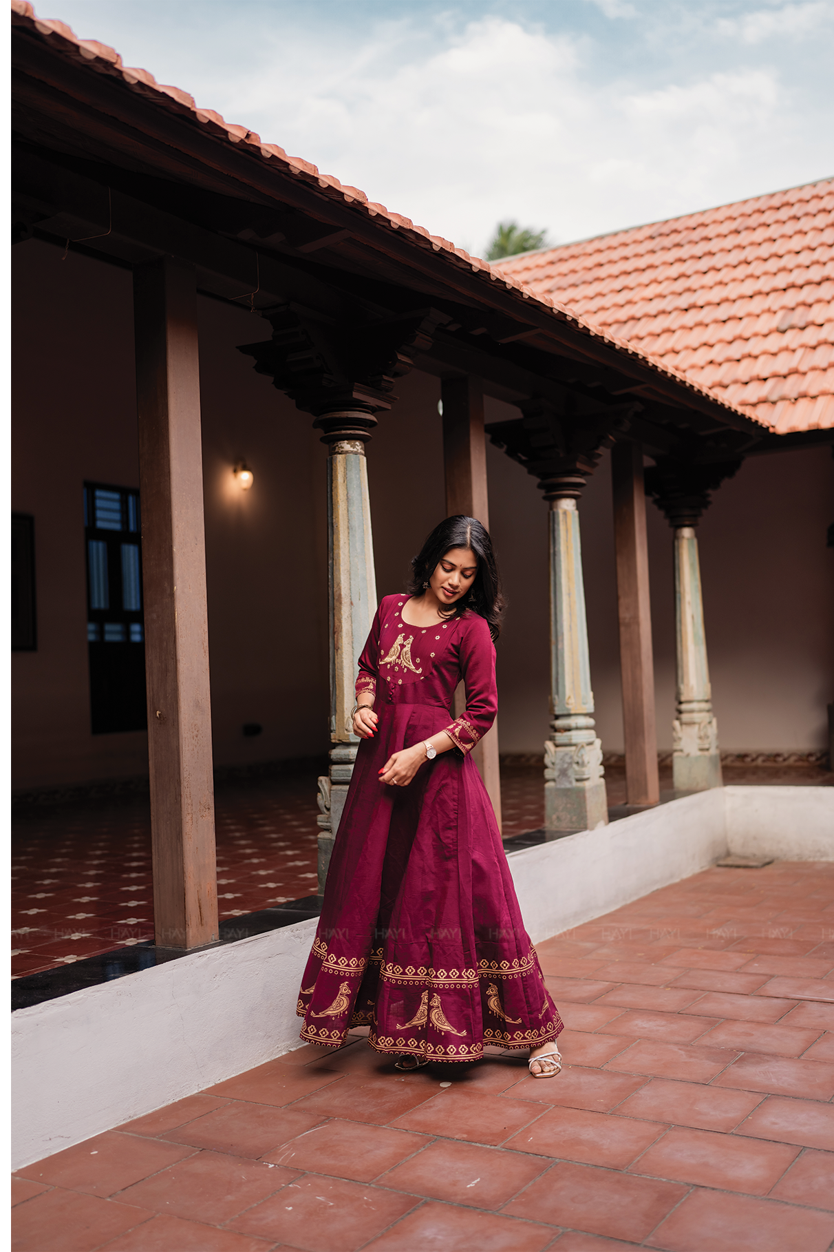 Birdveil Plum Viscose Placement Print Embroidered Anarkali with Round Neck & 3/4th Sleeves