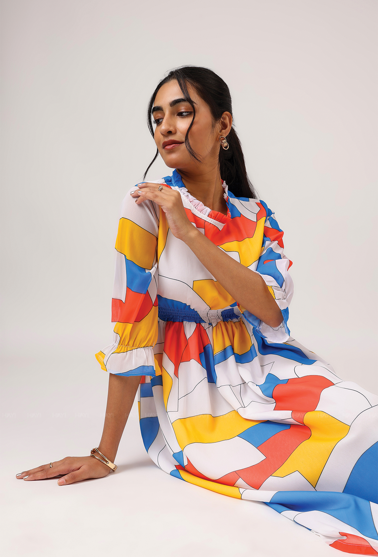 Prism White with Cubist Charm printed Lux Georgette Dress