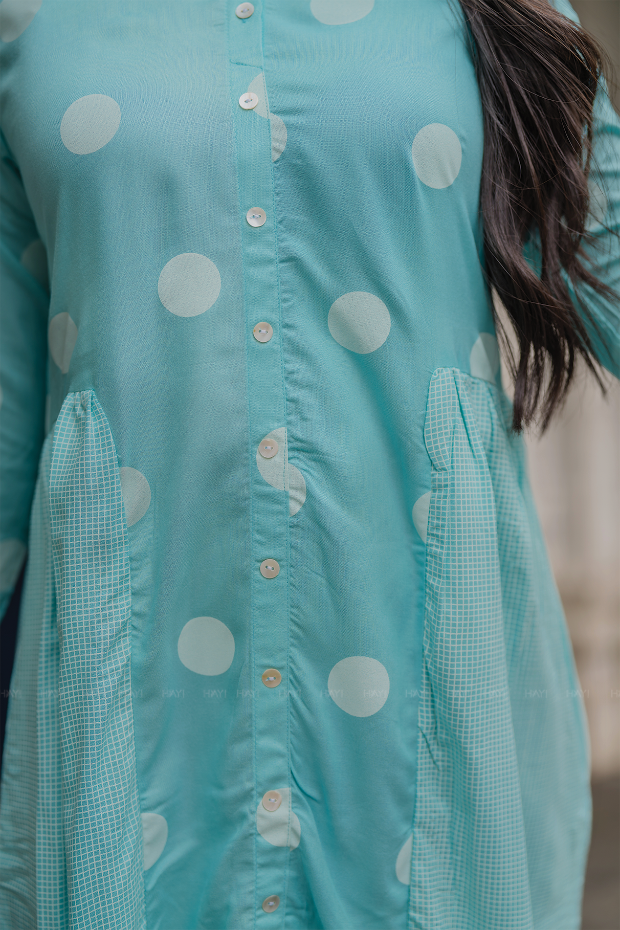 Fog Blue with Mist Pleats printed Viscose A-line Dress