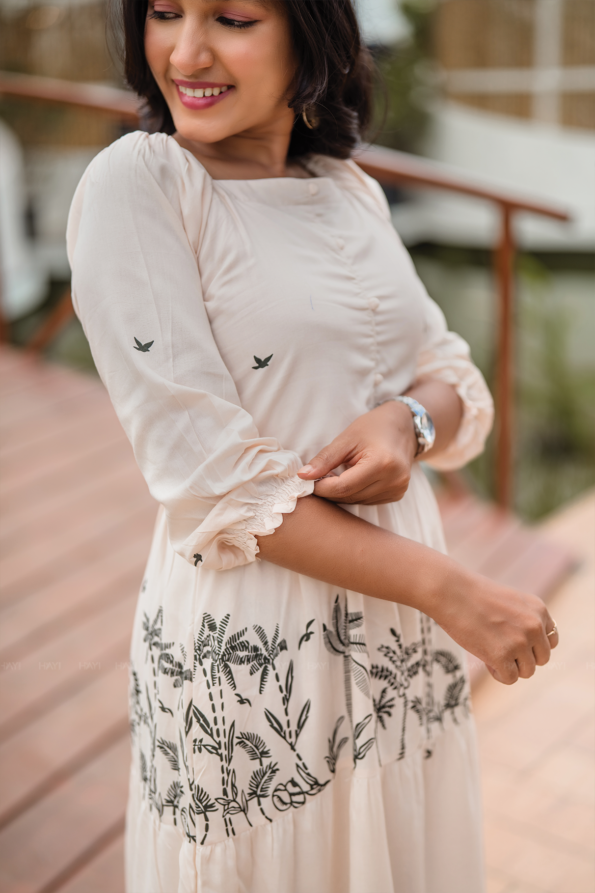 Lush Layers Beige Viscose Dress with Tropical Palm Print