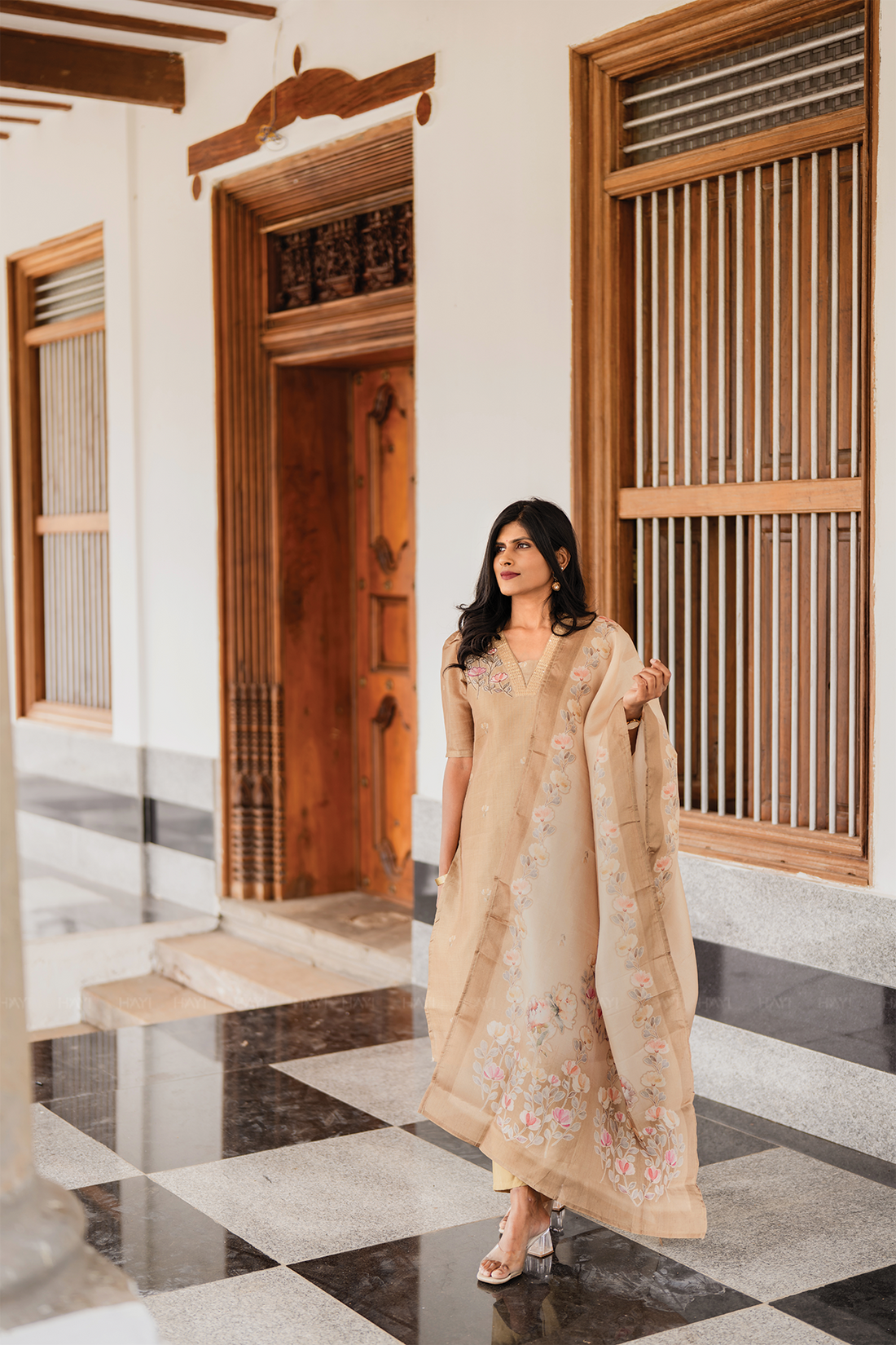 Classic Natural Yellow 3-Piece Tussar Silk Blend Floral Hand-Embroidered Kurta with Pant & Dupatta