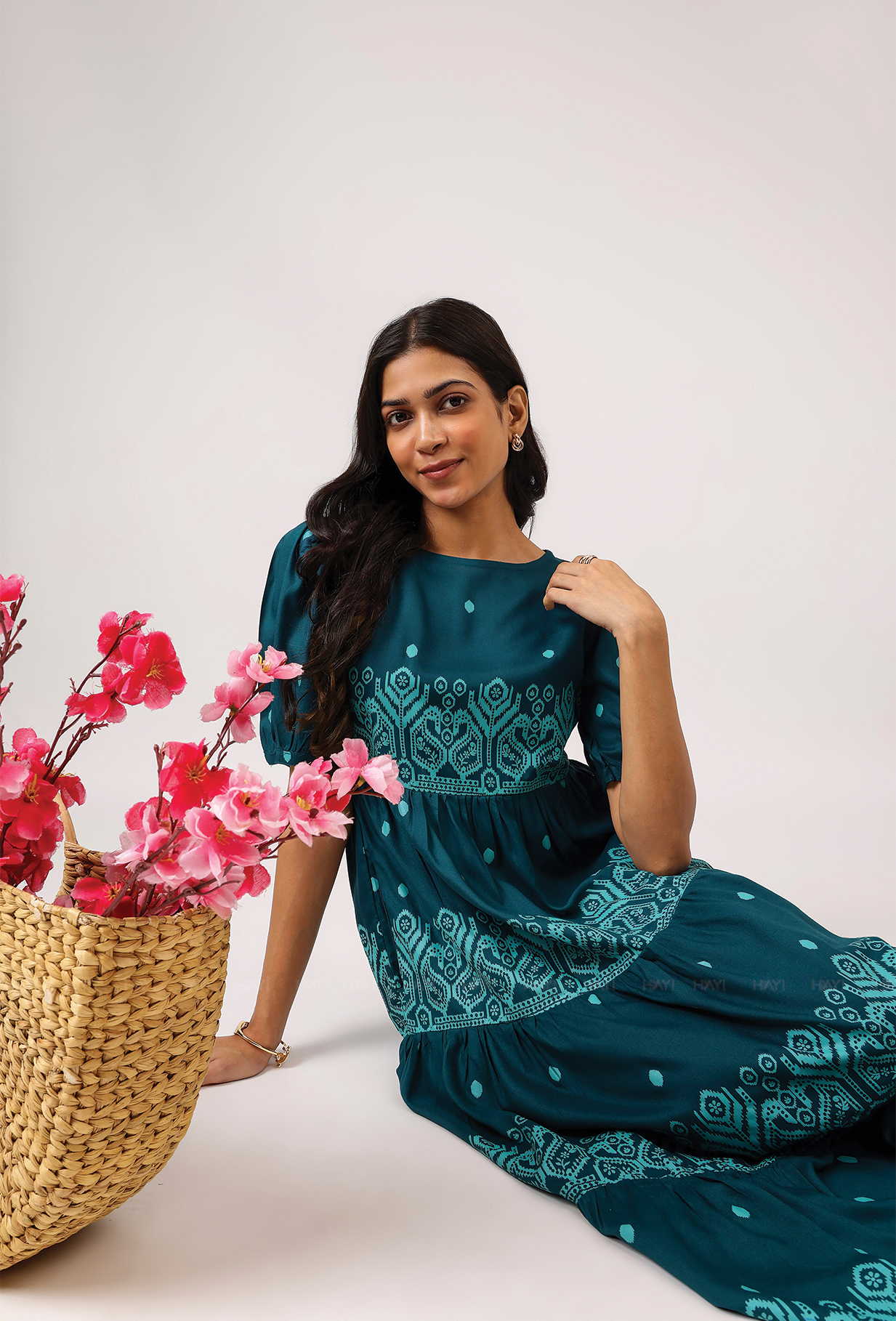 Fiesta Teal Green with Carnival Ikat printed Viscose Dress