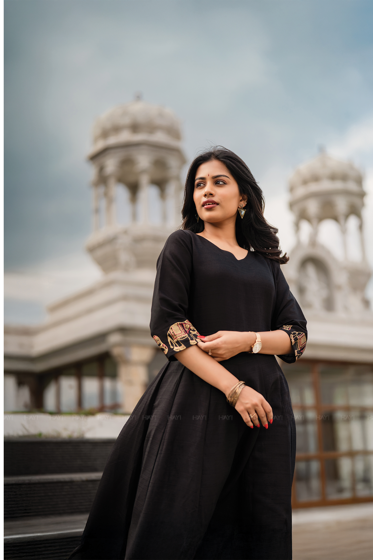 Elephora Black Viscose Foil Printed Anarkali with V-Neck & 3/4 Sleeves