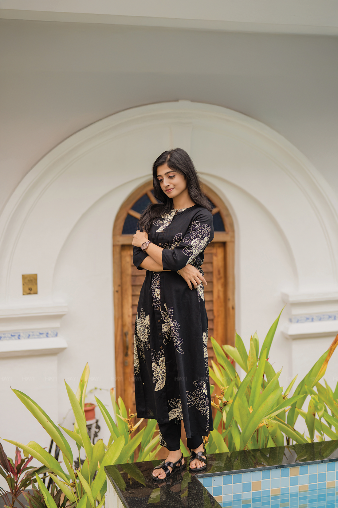 Golden Dusk Black Cotton Flex Co-ord with Chinese Collar & 3/4th Sleeves