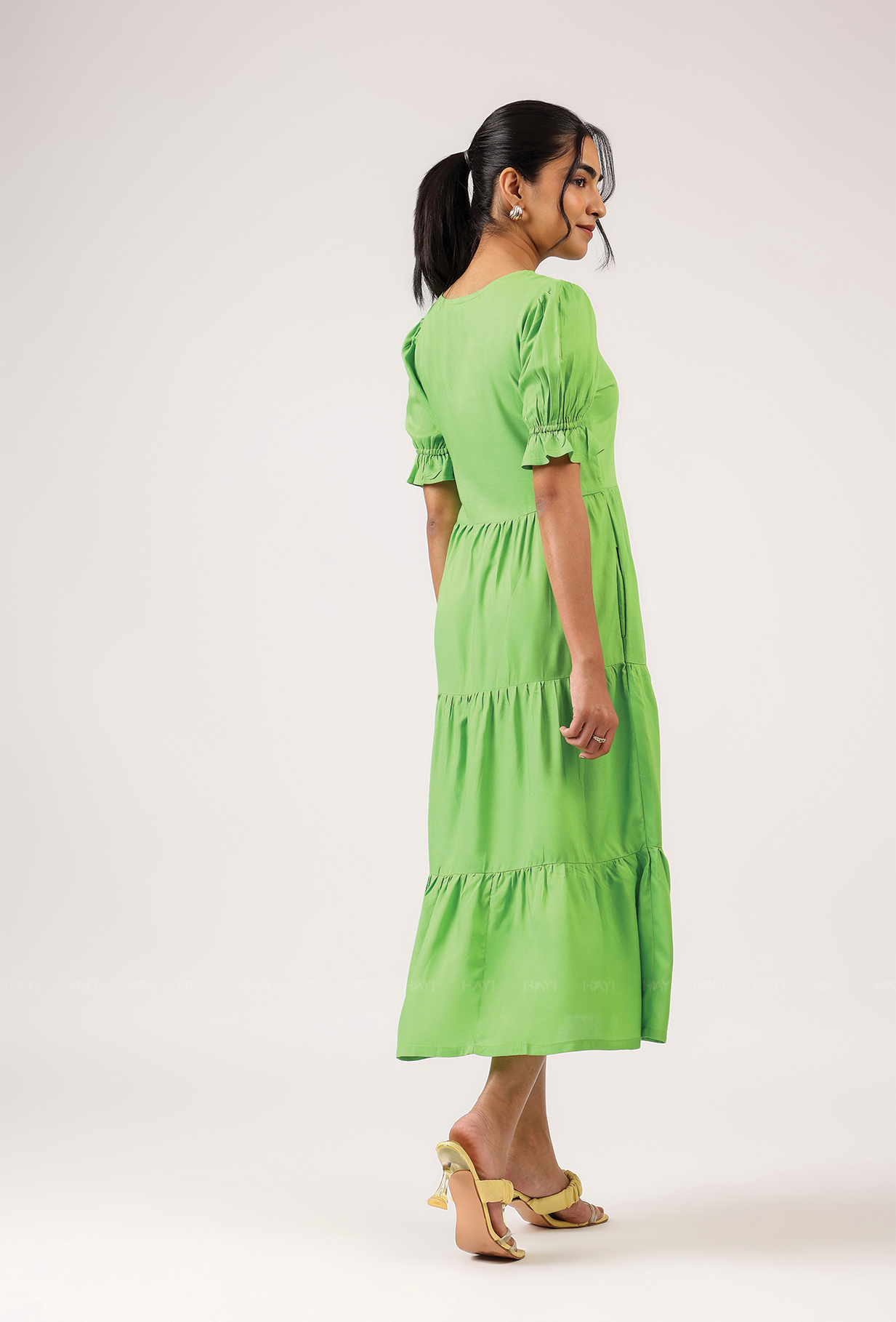 Hushed Green with Cubist Parrot embroidery Viscose Dress