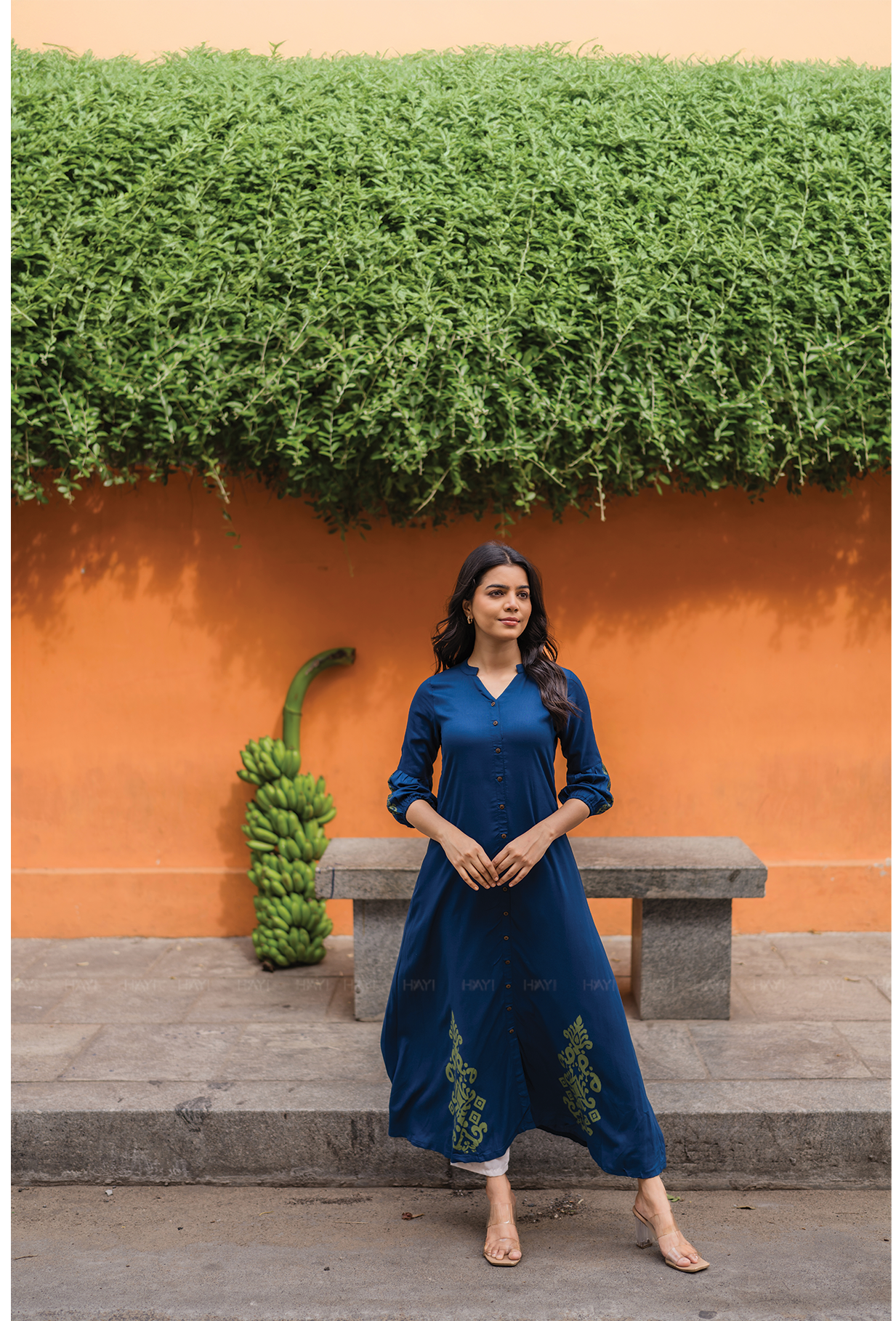 Indigo Heron with green printed Viscose Dress