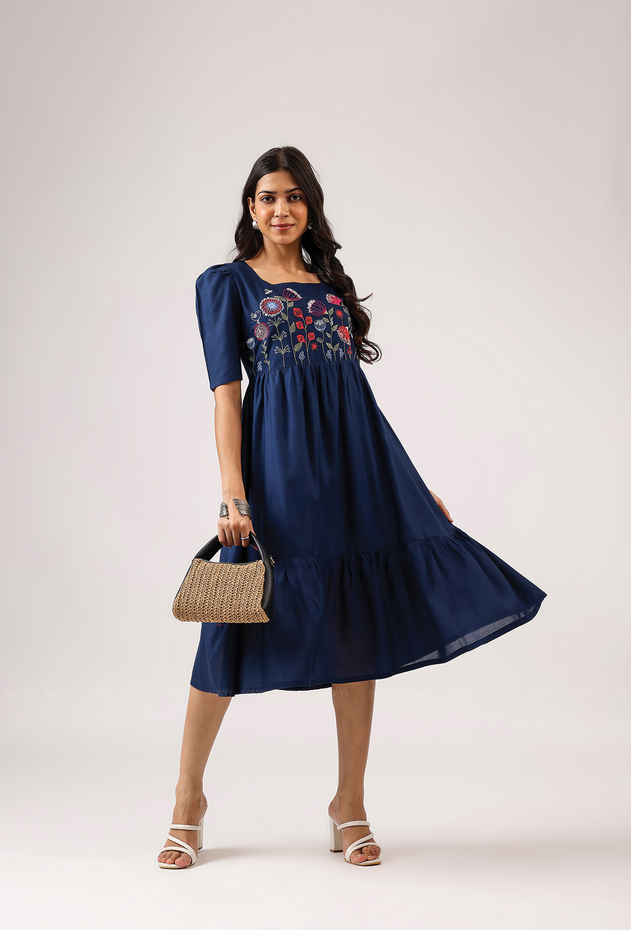 Dark Blue with Hovering Dreams floral Embroidery Viscose Dress