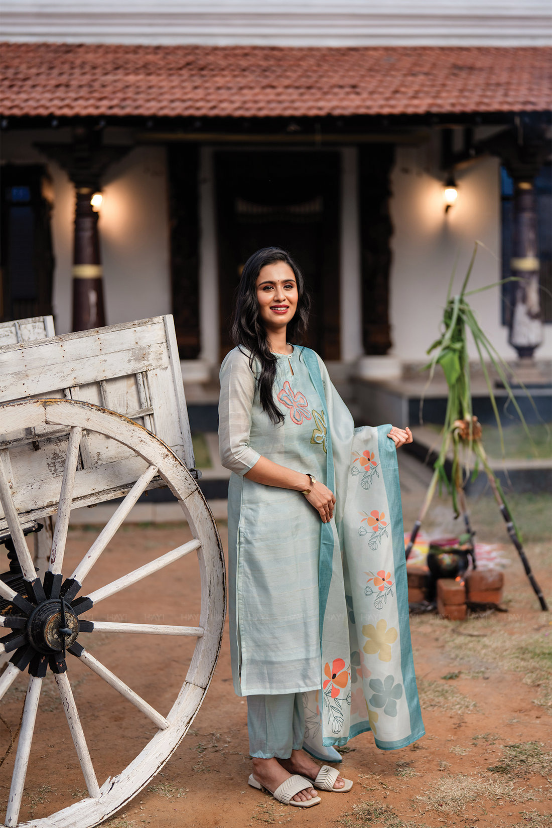 Blueish Blue 3 Piece Tussar Silk Blend Printed Hand-Embroidered Kurta with Pant & Dupatta
