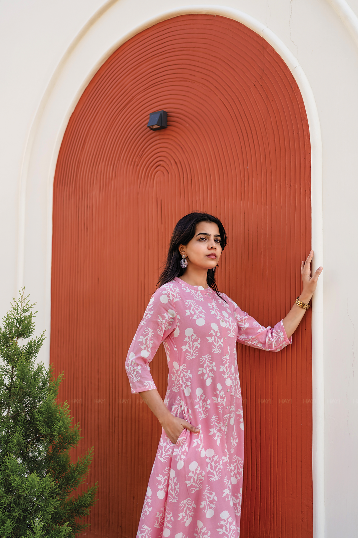 Blush Tale Pink Viscose A-line Dress with Chinese Collar & 3/4th Sleeves