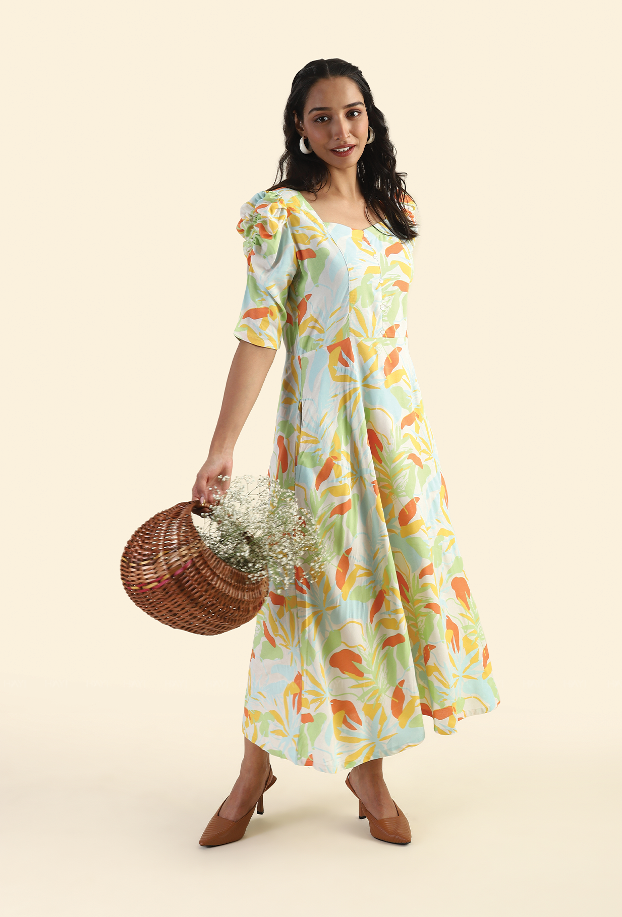 Pine Beige Evergreen elegance Printed Viscose Dress